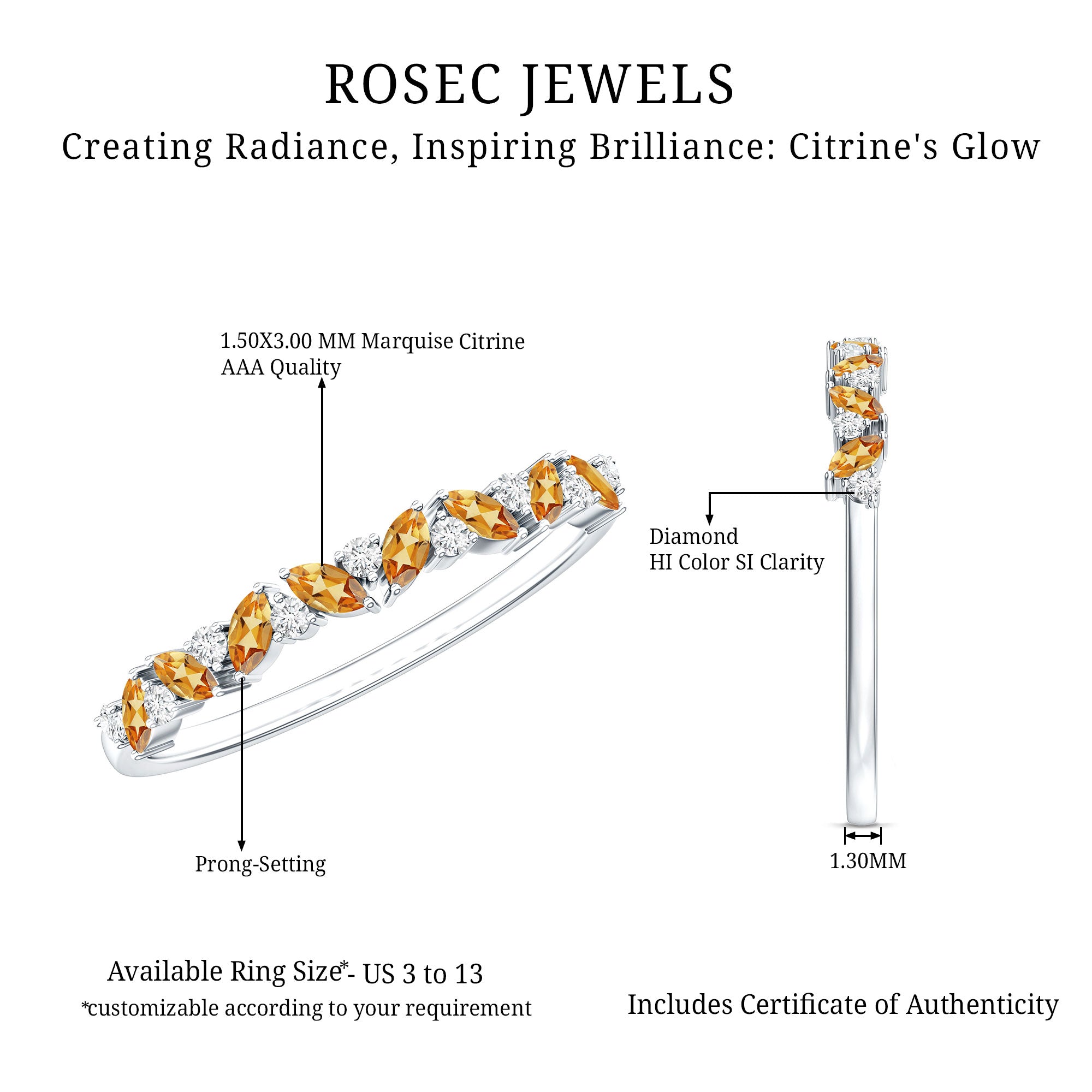 Genuine Marquise Citrine Half Eternity Ring with Diamond AAA - Rosec Jewels