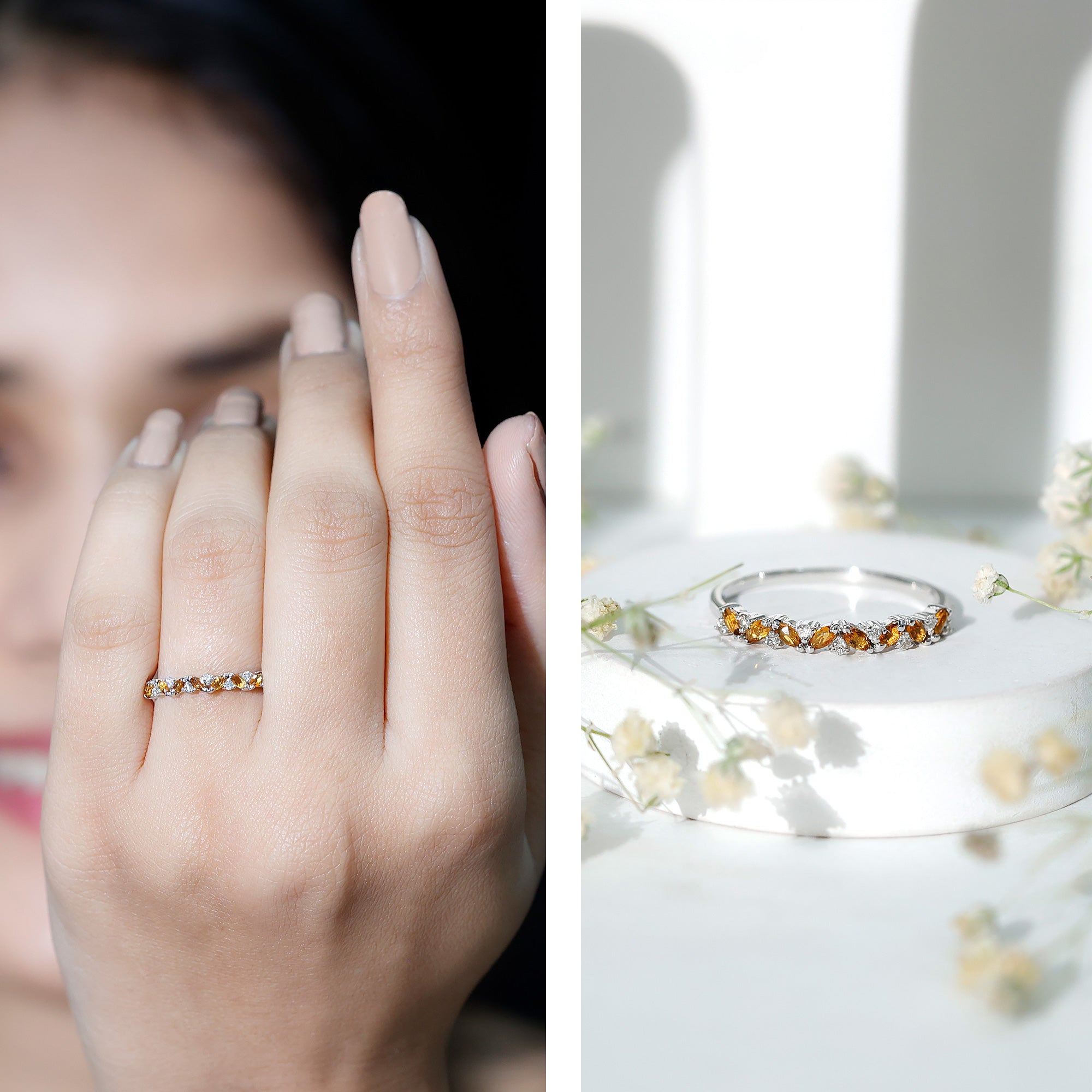 Genuine Marquise Citrine Half Eternity Ring with Diamond AAA - Rosec Jewels