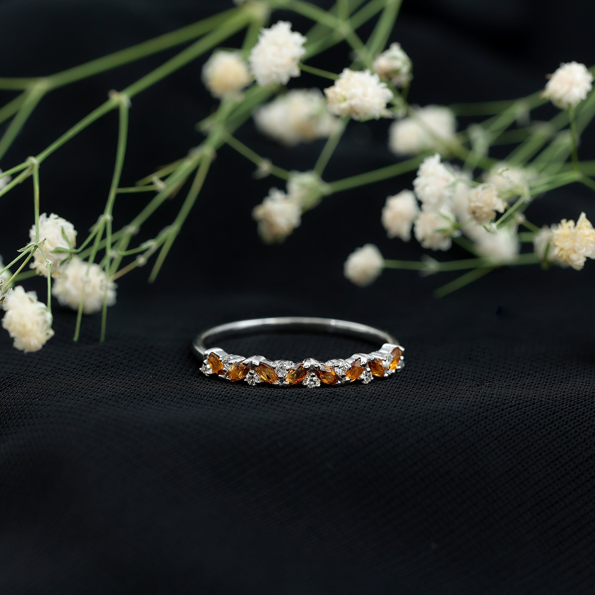 Genuine Marquise Citrine Half Eternity Ring with Diamond AAA - Rosec Jewels
