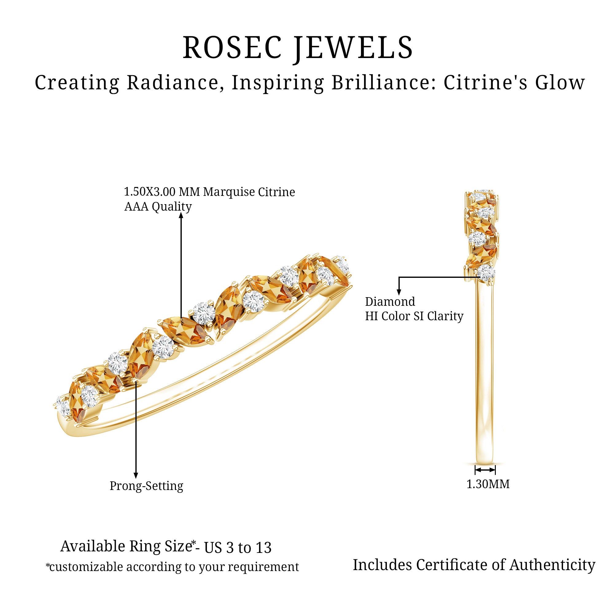 Genuine Marquise Citrine Half Eternity Ring with Diamond AAA - Rosec Jewels