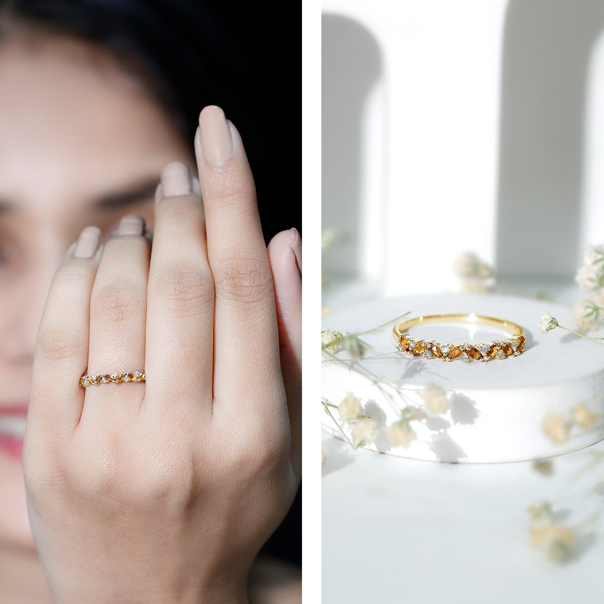 Genuine Marquise Citrine Half Eternity Ring with Diamond AAA - Rosec Jewels