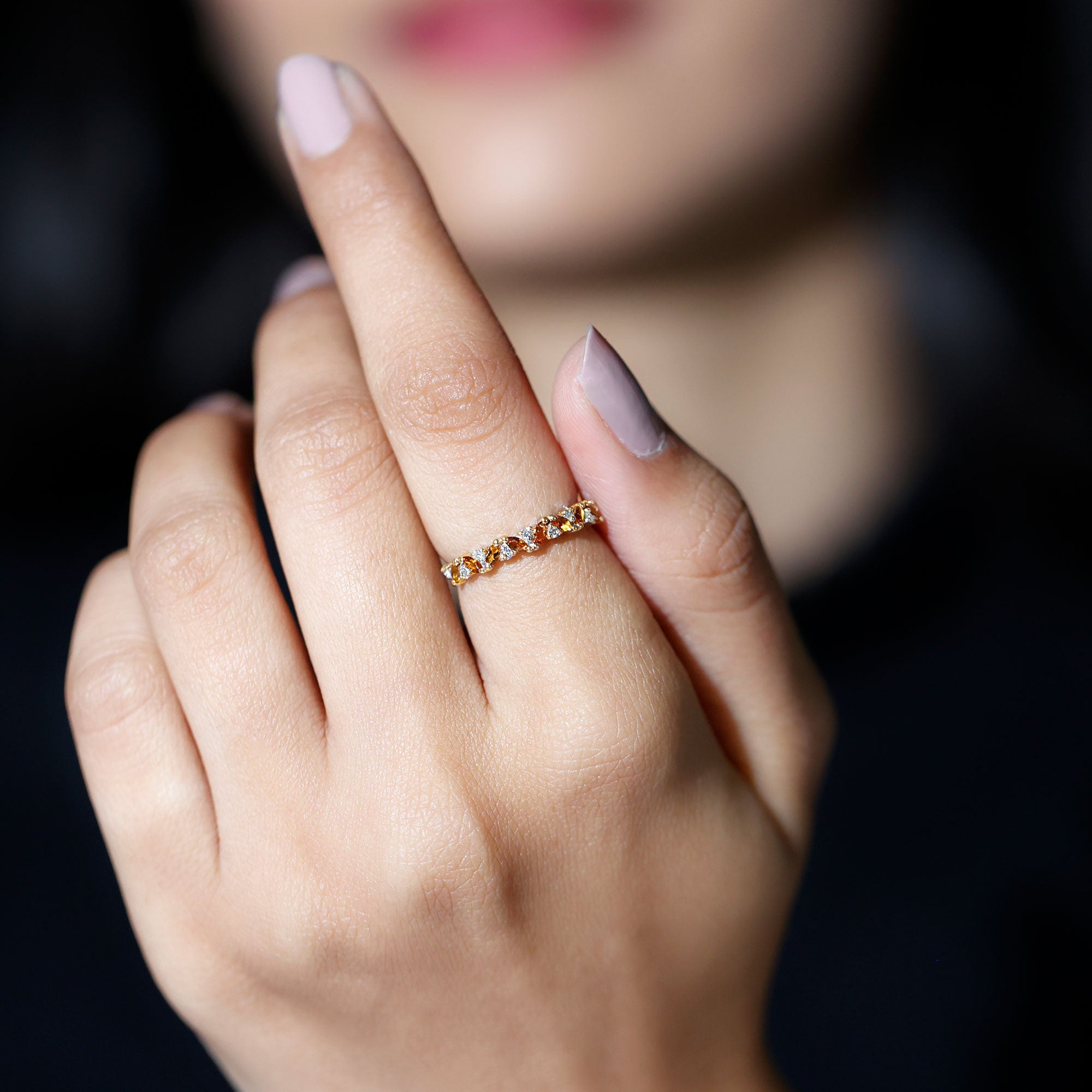 Genuine Marquise Citrine Half Eternity Ring with Diamond AAA - Rosec Jewels