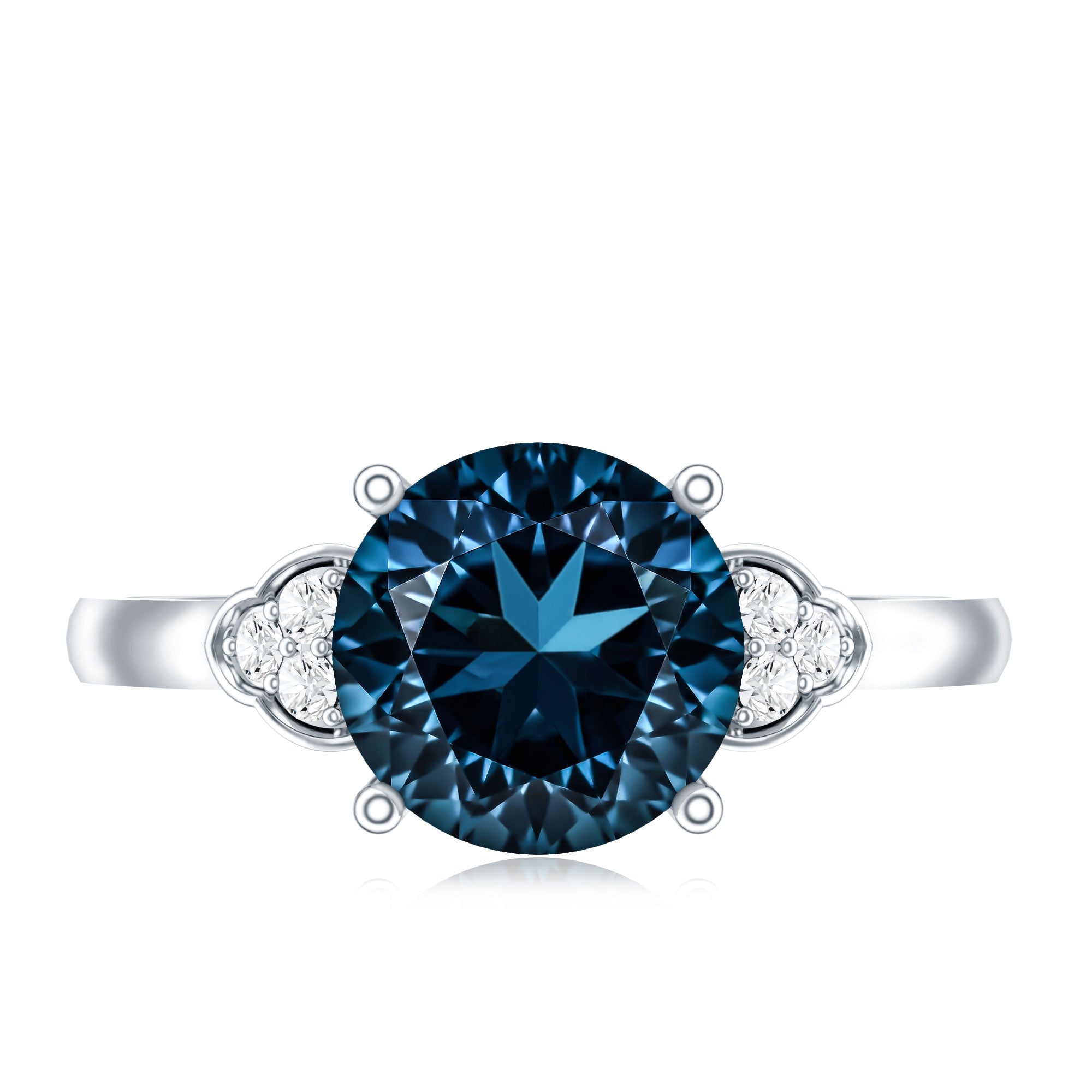 1.3 Carat London Blue Topaz Solitaire Engagement Ring with Diamond Trio AAA - Rosec Jewels