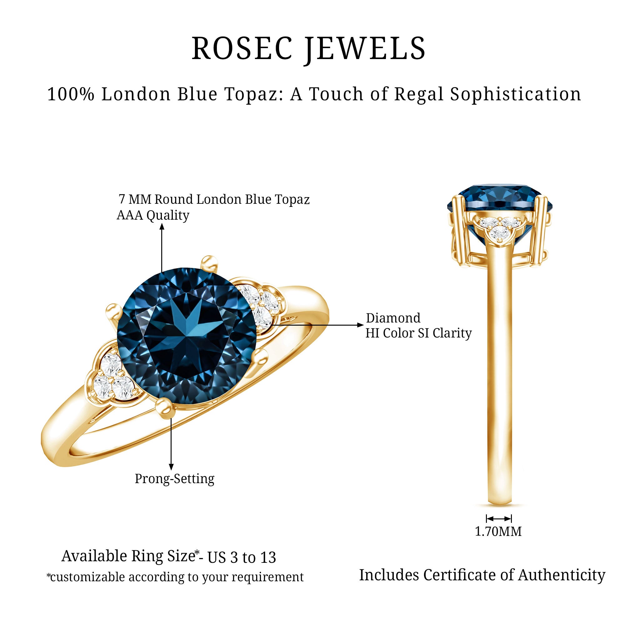 1.3 Carat London Blue Topaz Solitaire Engagement Ring with Diamond Trio AAA - Rosec Jewels