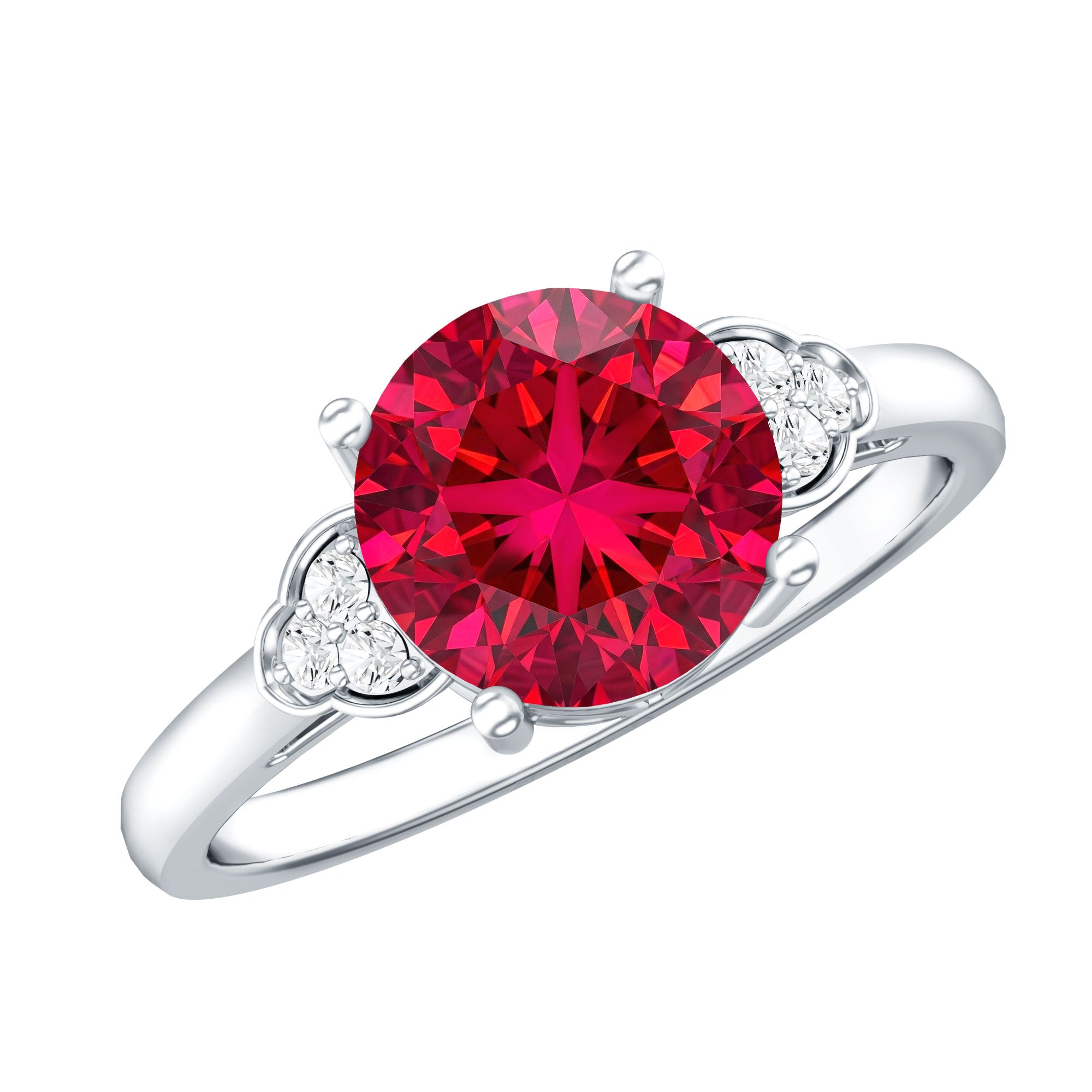 Lab Grown Ruby Solitaire Engagement Ring with Diamond Trio AAAA - Rosec Jewels