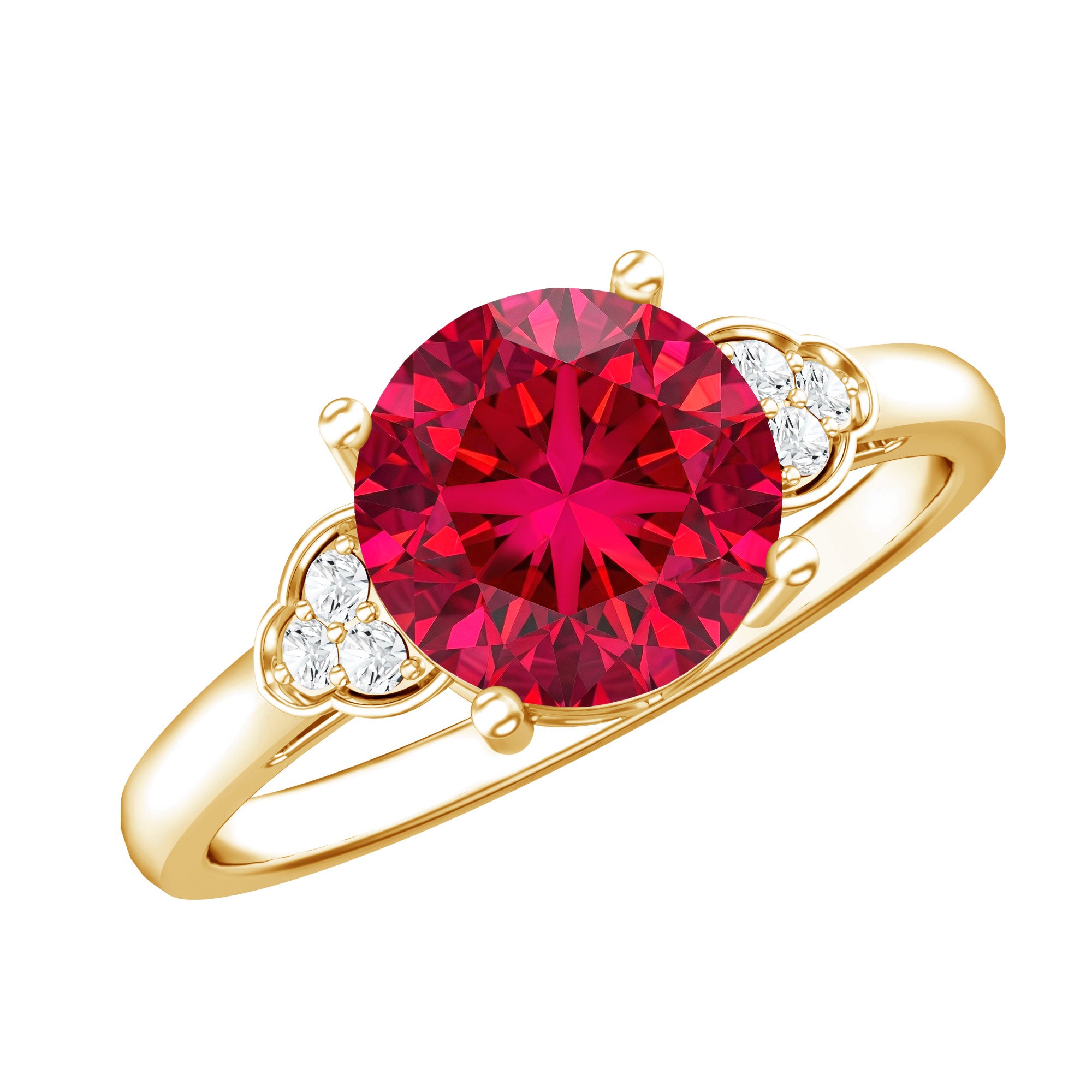 Lab Grown Ruby Solitaire Engagement Ring with Diamond Trio AAAA - Rosec Jewels