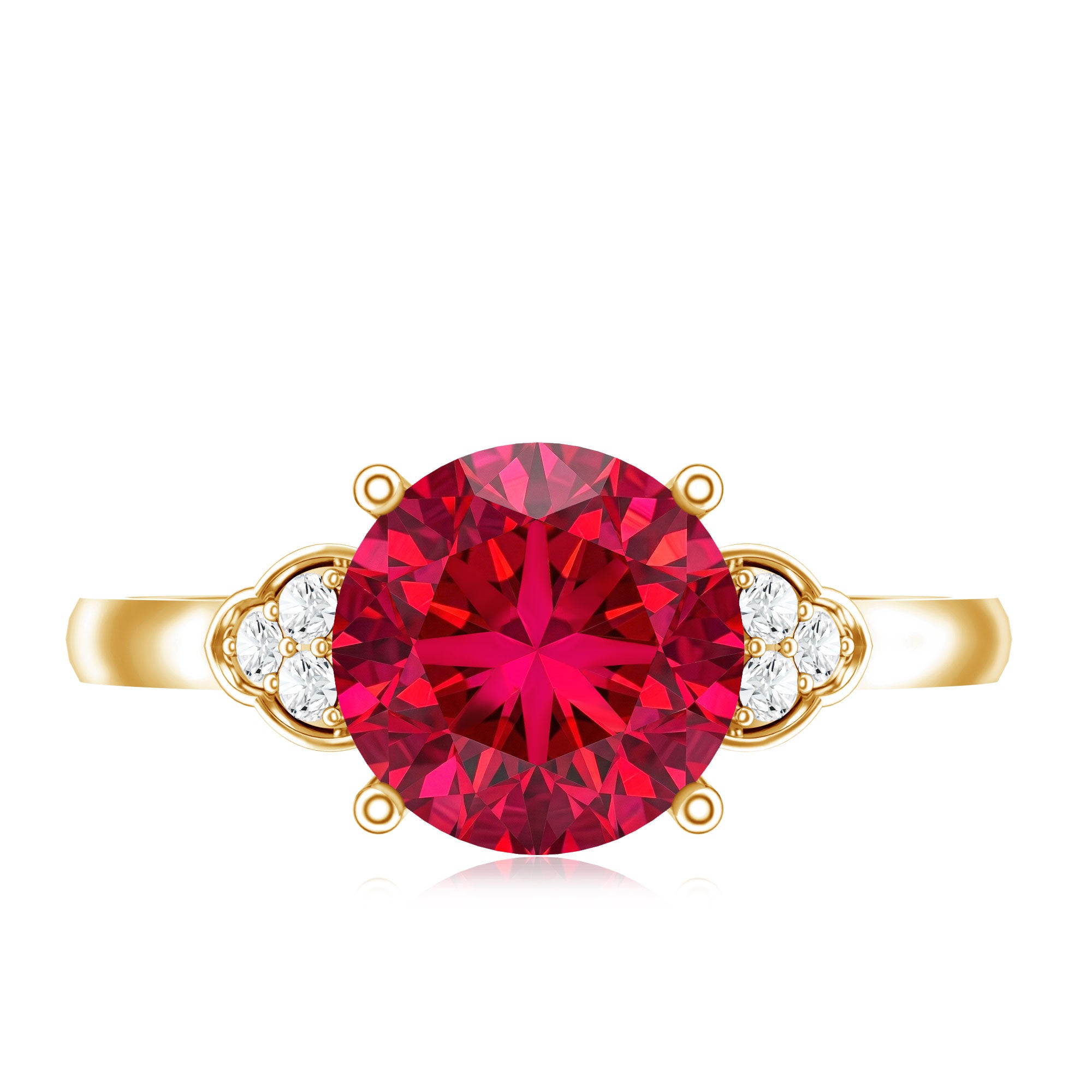 Lab Grown Ruby Solitaire Engagement Ring with Diamond Trio AAAA - Rosec Jewels