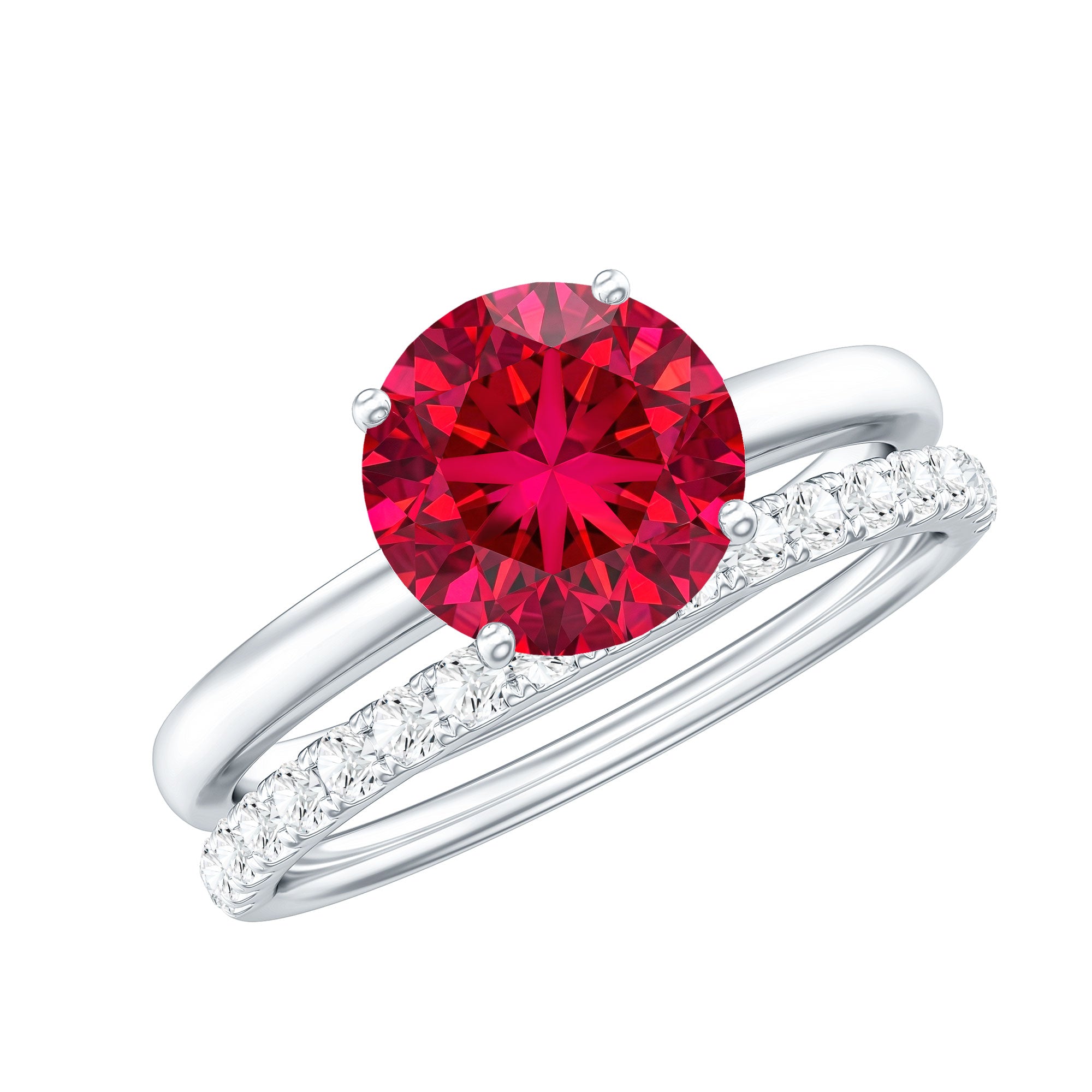 3 CT Solitaire Created Ruby Wedding Ring Set with Diamond AAAA - Rosec Jewels