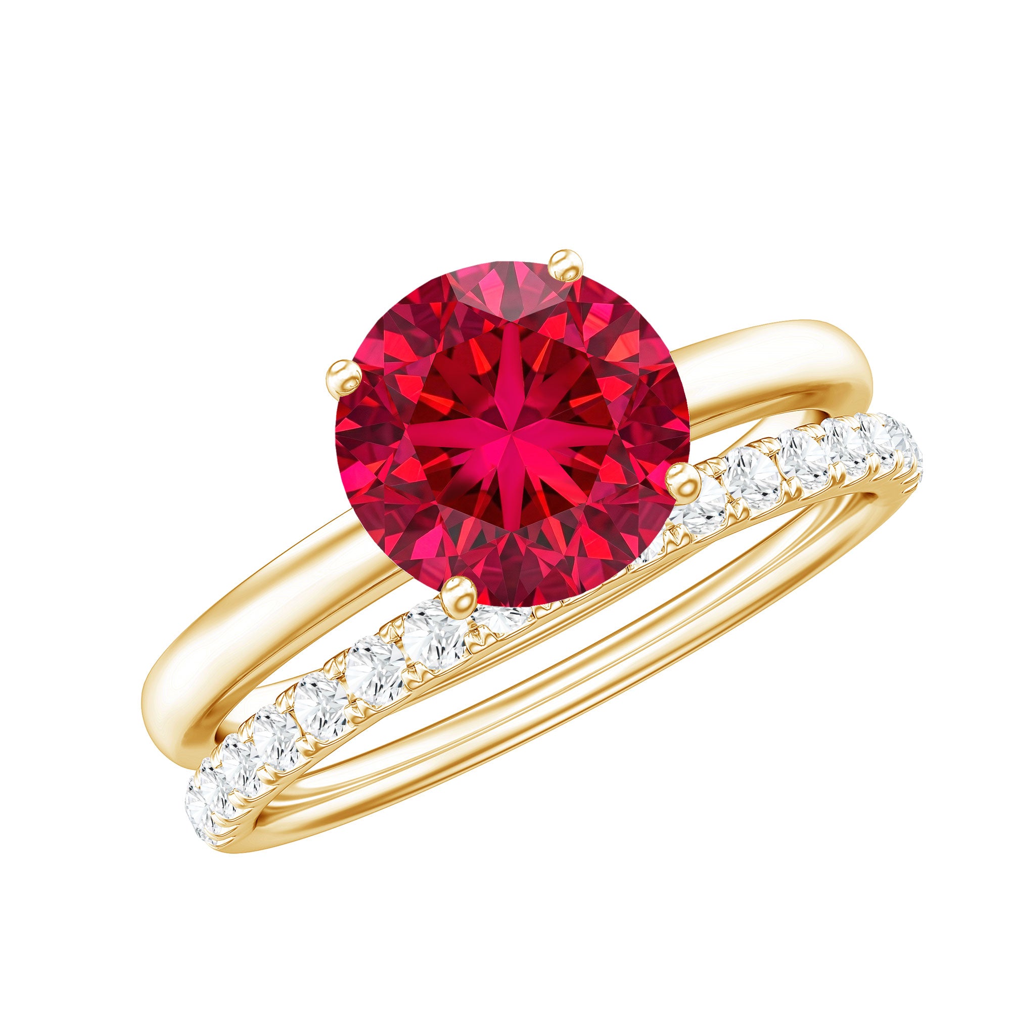 3 CT Solitaire Created Ruby Wedding Ring Set with Diamond AAAA - Rosec Jewels