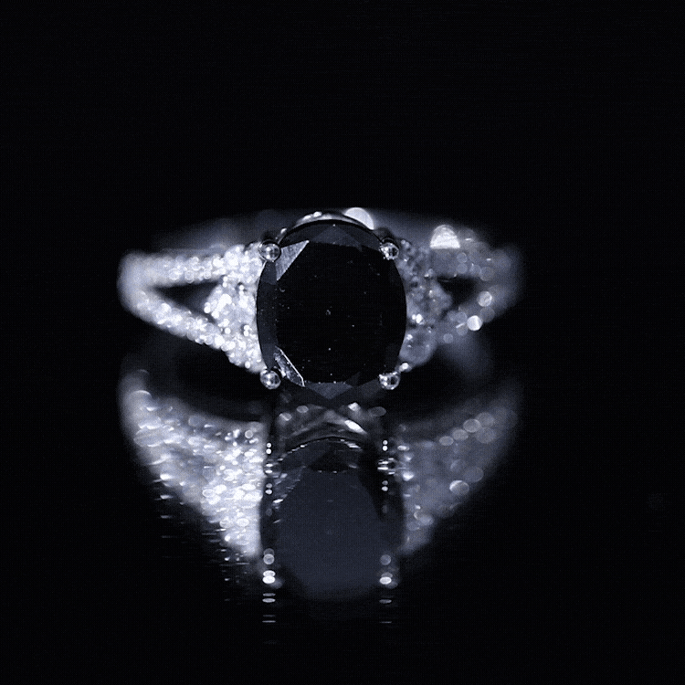 4.2 Carat Lab Grown Black Diamond Oval Engagement Ring with White Diamond Split Shank AAAA ( Synthetic ) - Rosec Jewels