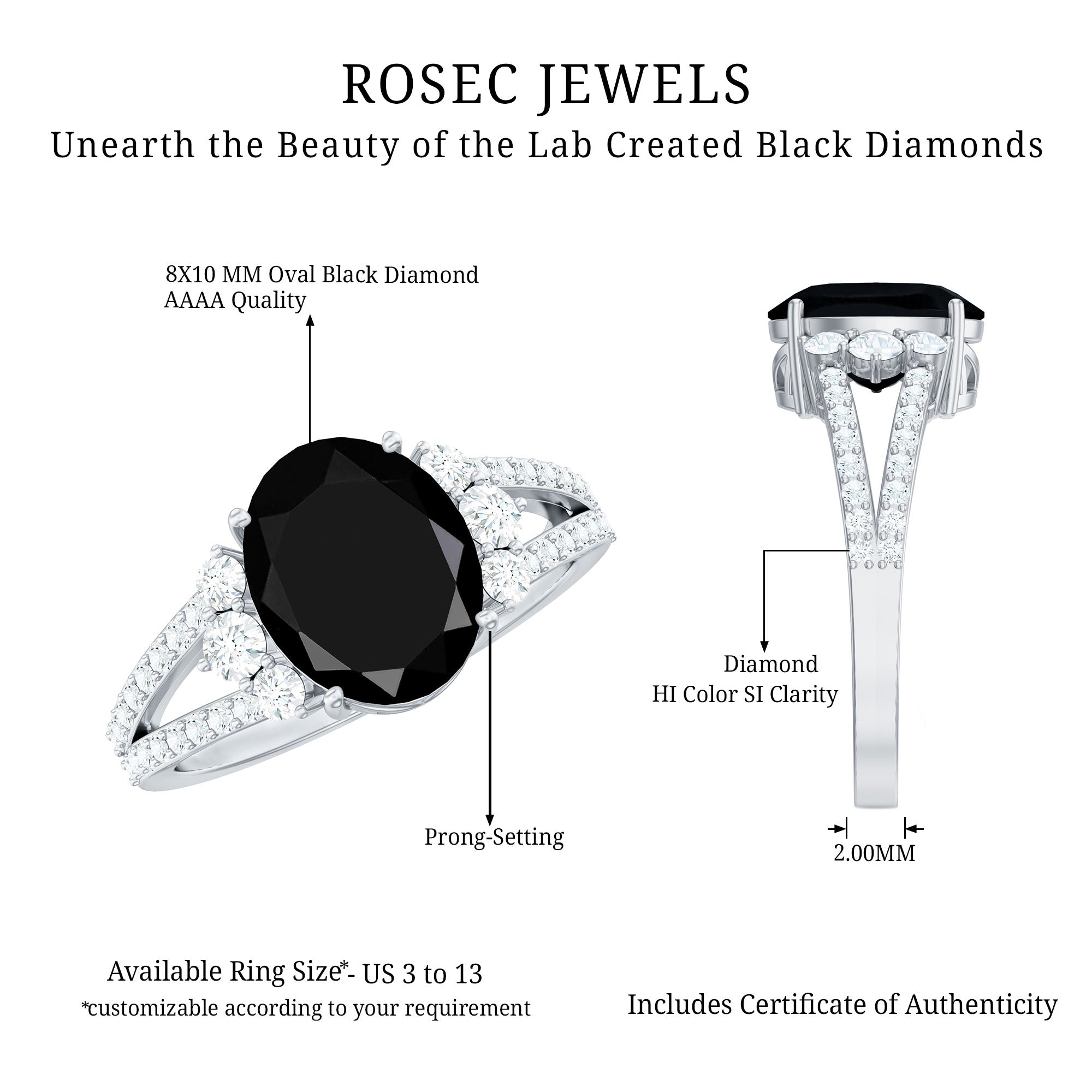 4.2 Carat Lab Grown Black Diamond Oval Engagement Ring with White Diamond Split Shank AAAA ( Synthetic ) - Rosec Jewels
