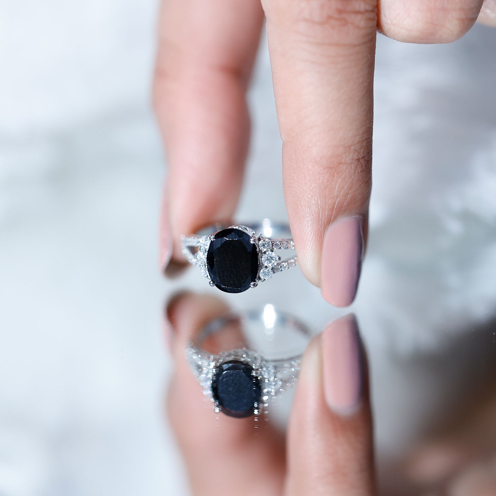 4.2 Carat Lab Grown Black Diamond Oval Engagement Ring with White Diamond Split Shank AAAA ( Synthetic ) - Rosec Jewels