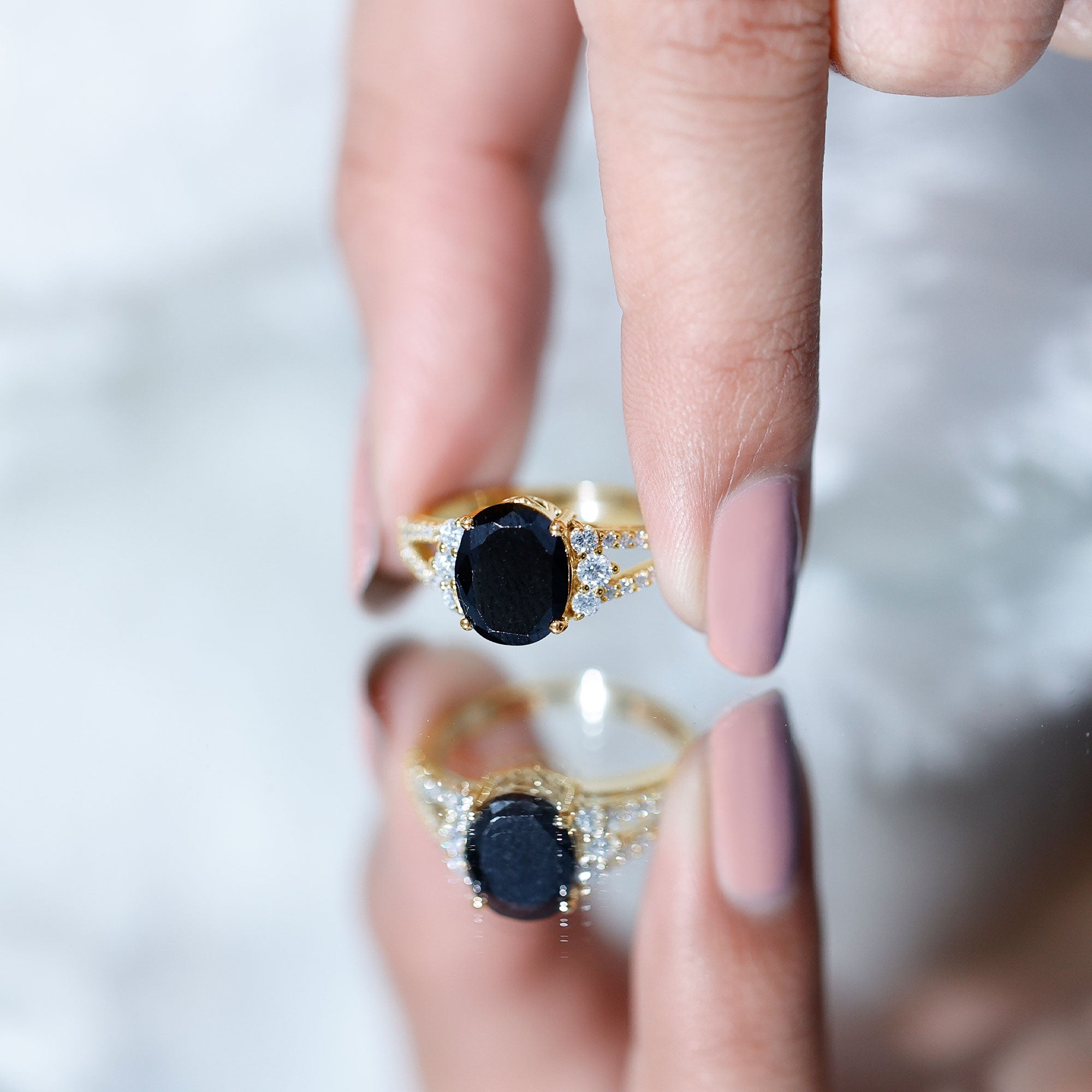 4.2 Carat Lab Grown Black Diamond Oval Engagement Ring with White Diamond Split Shank AAAA ( Synthetic ) - Rosec Jewels