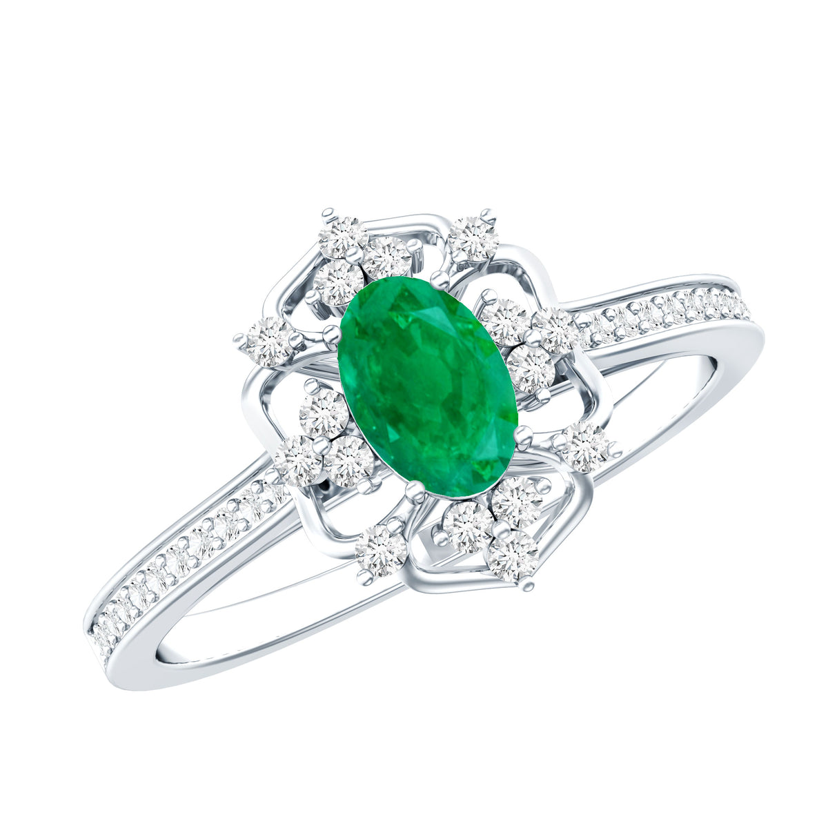 Vintage Style Emerald and Diamond Oval Engagement Ring AAA - Rosec Jewels