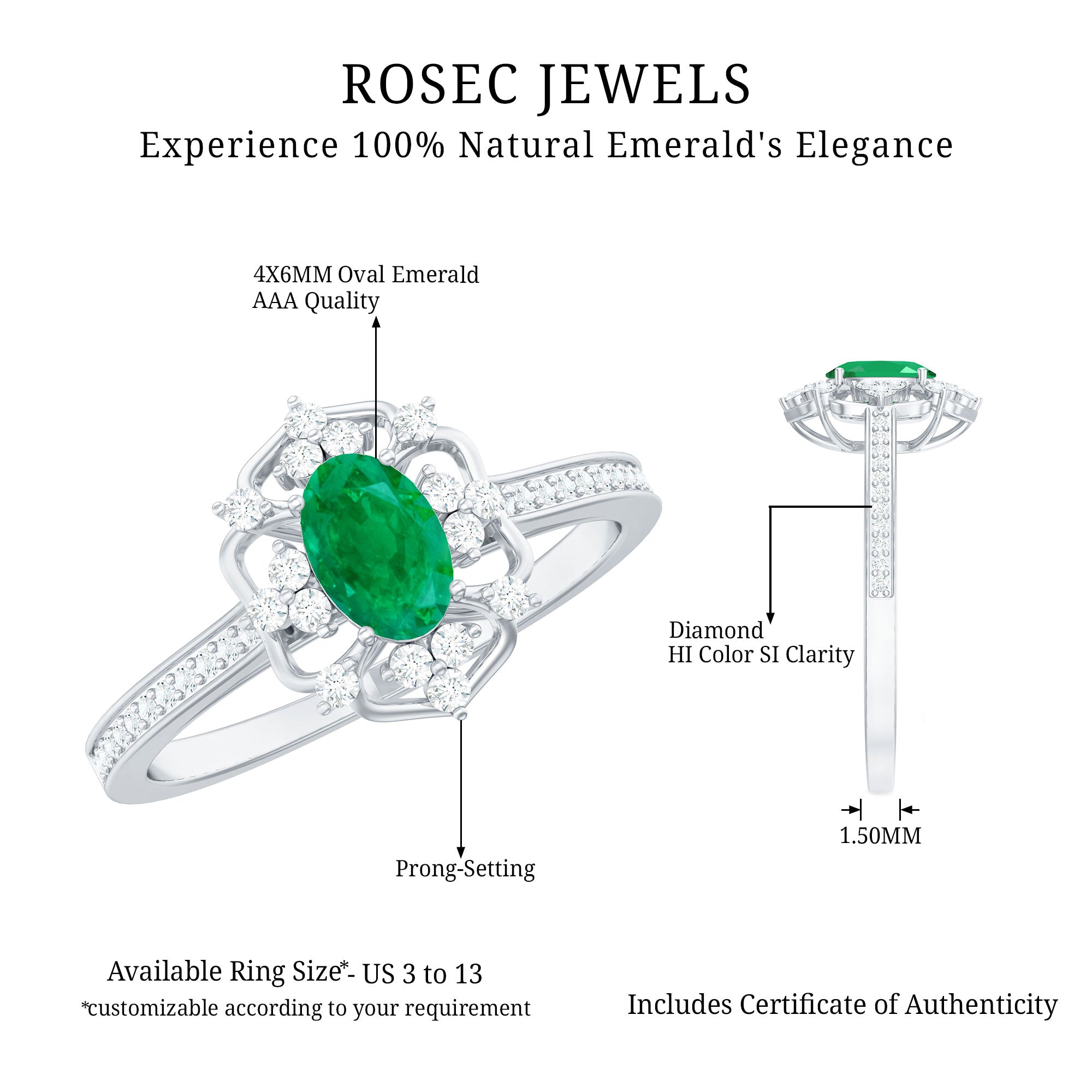 Rosec Jewels-Vintage Style Emerald and Diamond Oval Engagement Ring