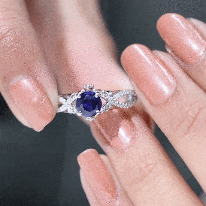 1 Carat Lab Grown Blue Sapphire Engagement Ring with Diamond Crossover Shank AAAA - Rosec Jewels