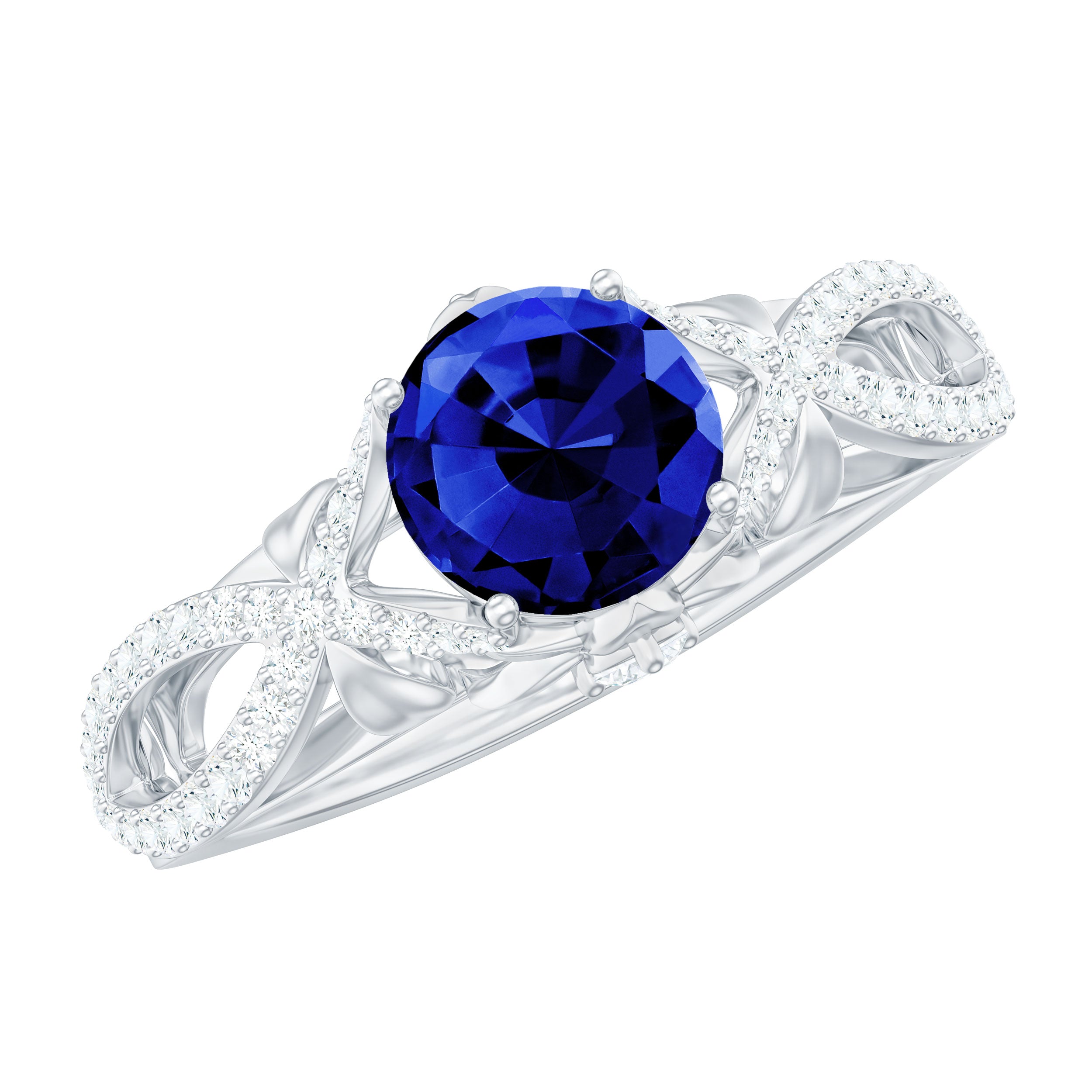 1 Carat Lab Grown Blue Sapphire Engagement Ring with Diamond Crossover Shank AAAA - Rosec Jewels