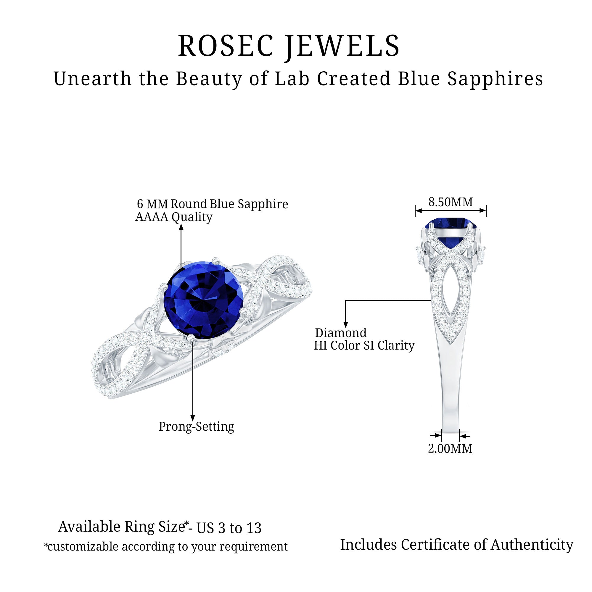 1 Carat Lab Grown Blue Sapphire Engagement Ring with Diamond Crossover Shank AAAA - Rosec Jewels
