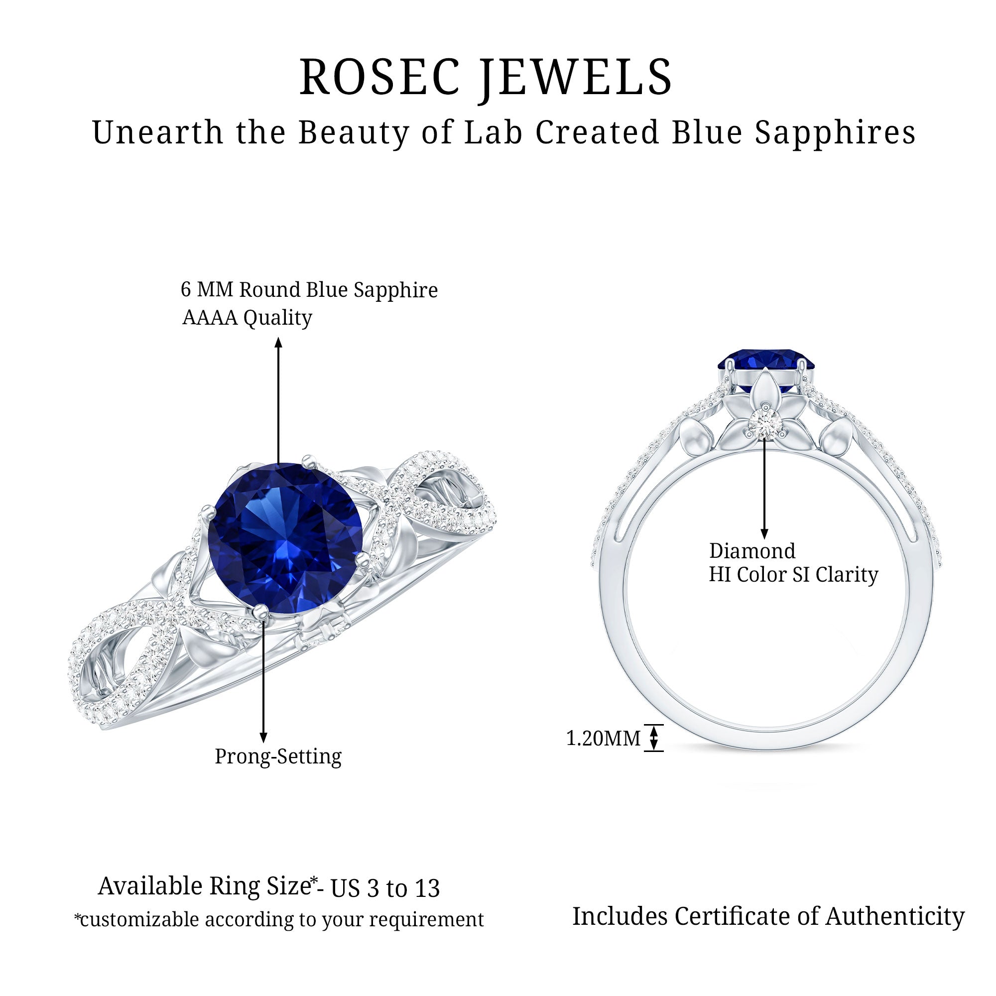 1 Carat Lab Grown Blue Sapphire Engagement Ring with Diamond Crossover Shank AAAA - Rosec Jewels