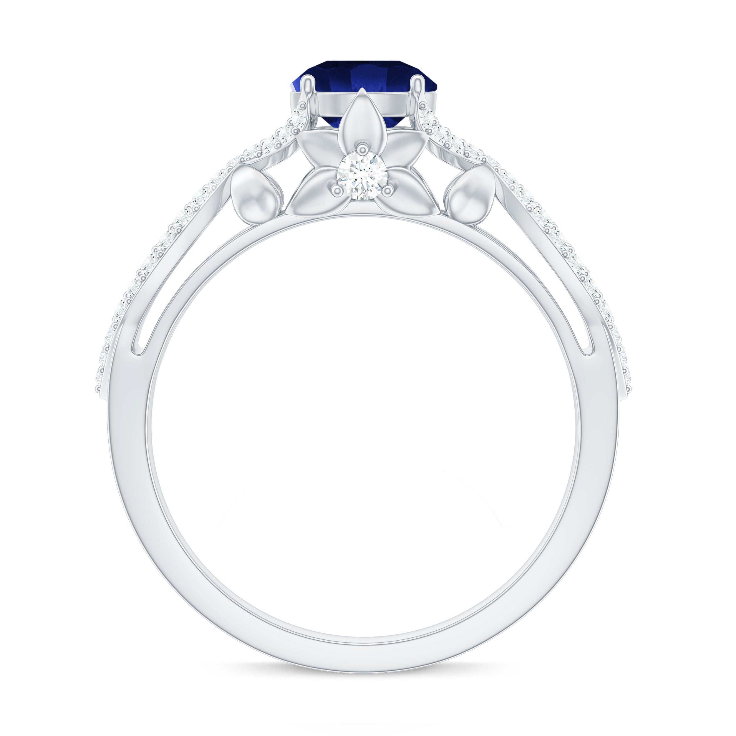 1 Carat Lab Grown Blue Sapphire Engagement Ring with Diamond Crossover Shank AAAA - Rosec Jewels