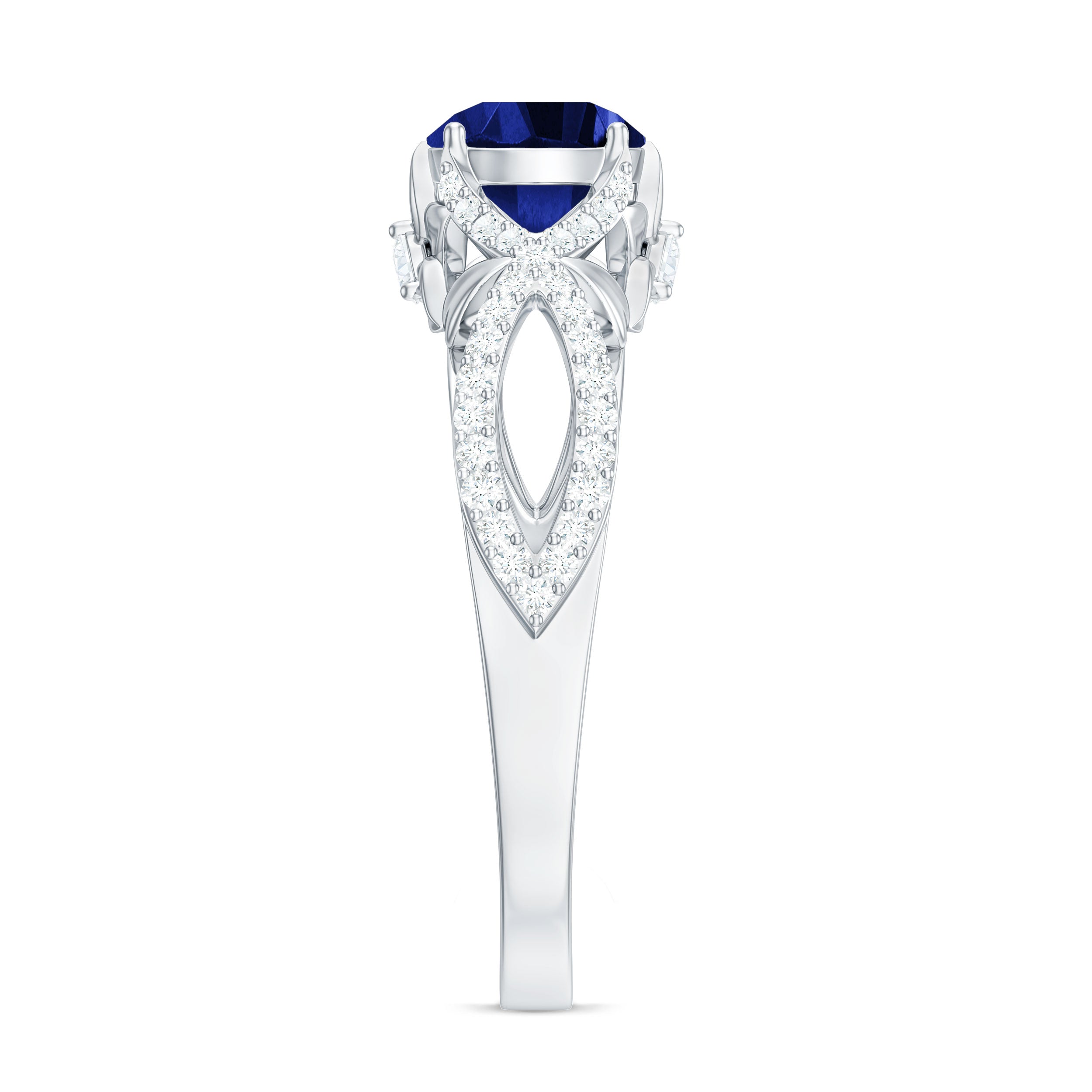 1 Carat Lab Grown Blue Sapphire Engagement Ring with Diamond Crossover Shank AAAA - Rosec Jewels