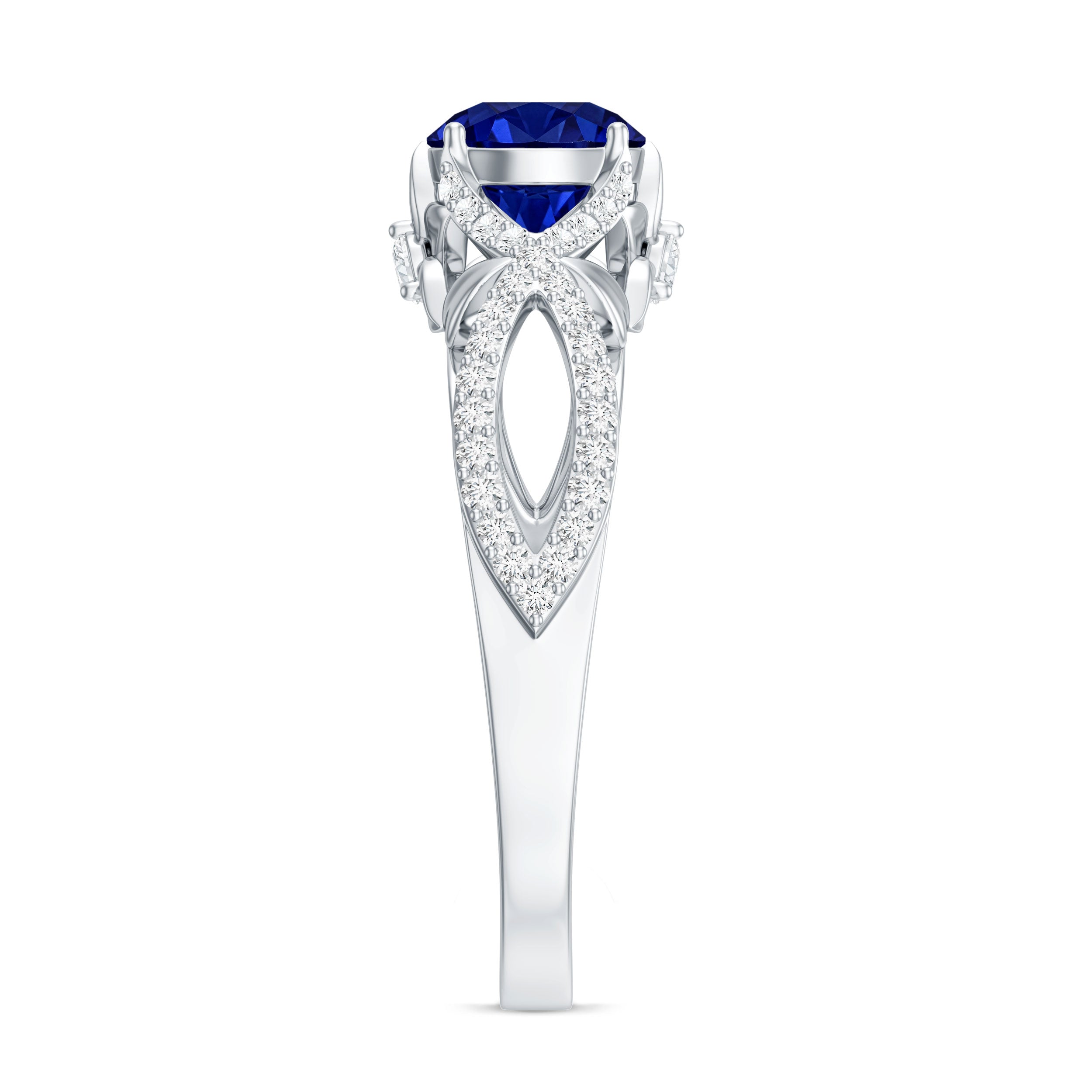 1 Carat Lab Grown Blue Sapphire Engagement Ring with Diamond Crossover Shank AAAA - Rosec Jewels