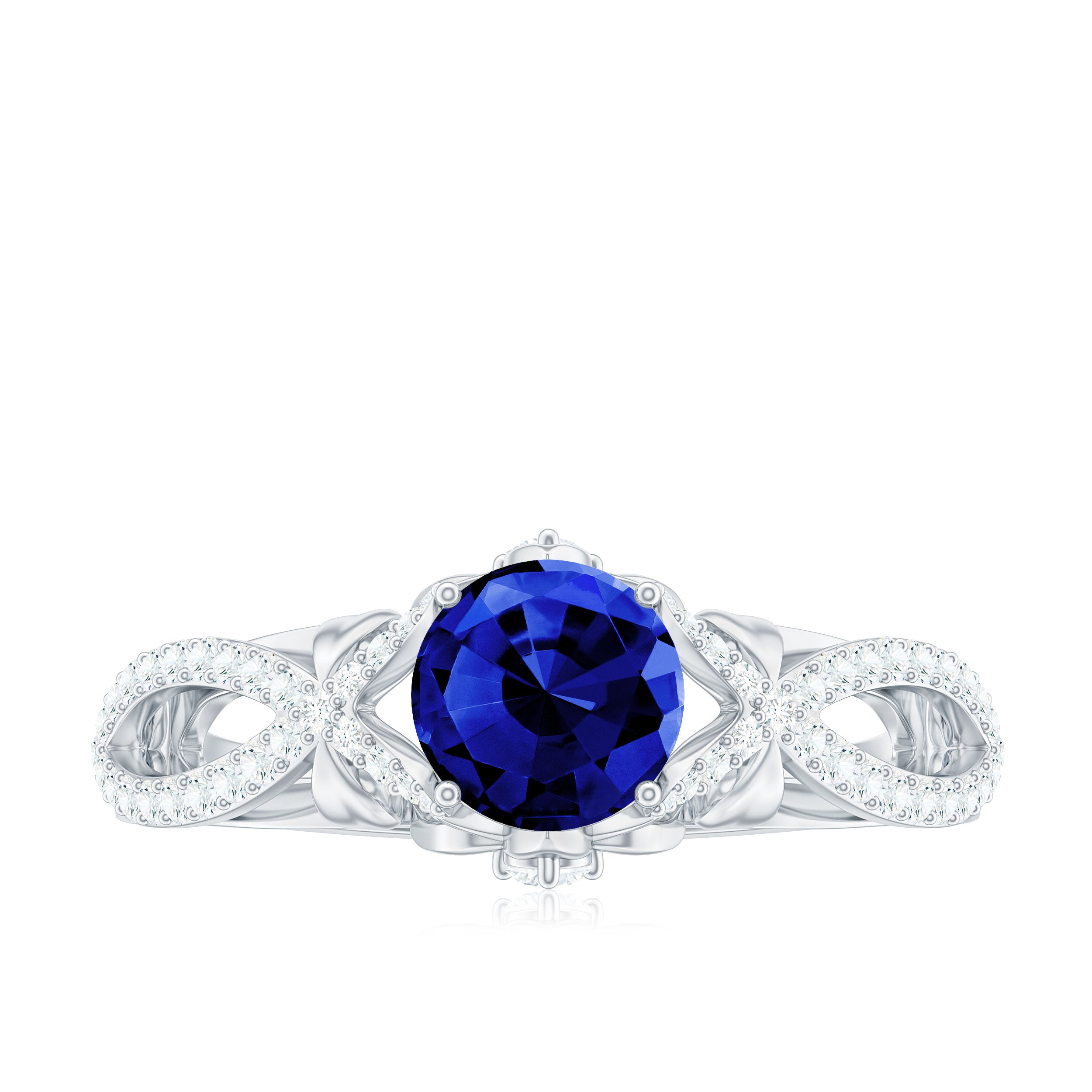 1 Carat Lab Grown Blue Sapphire Engagement Ring with Diamond Crossover Shank AAAA - Rosec Jewels