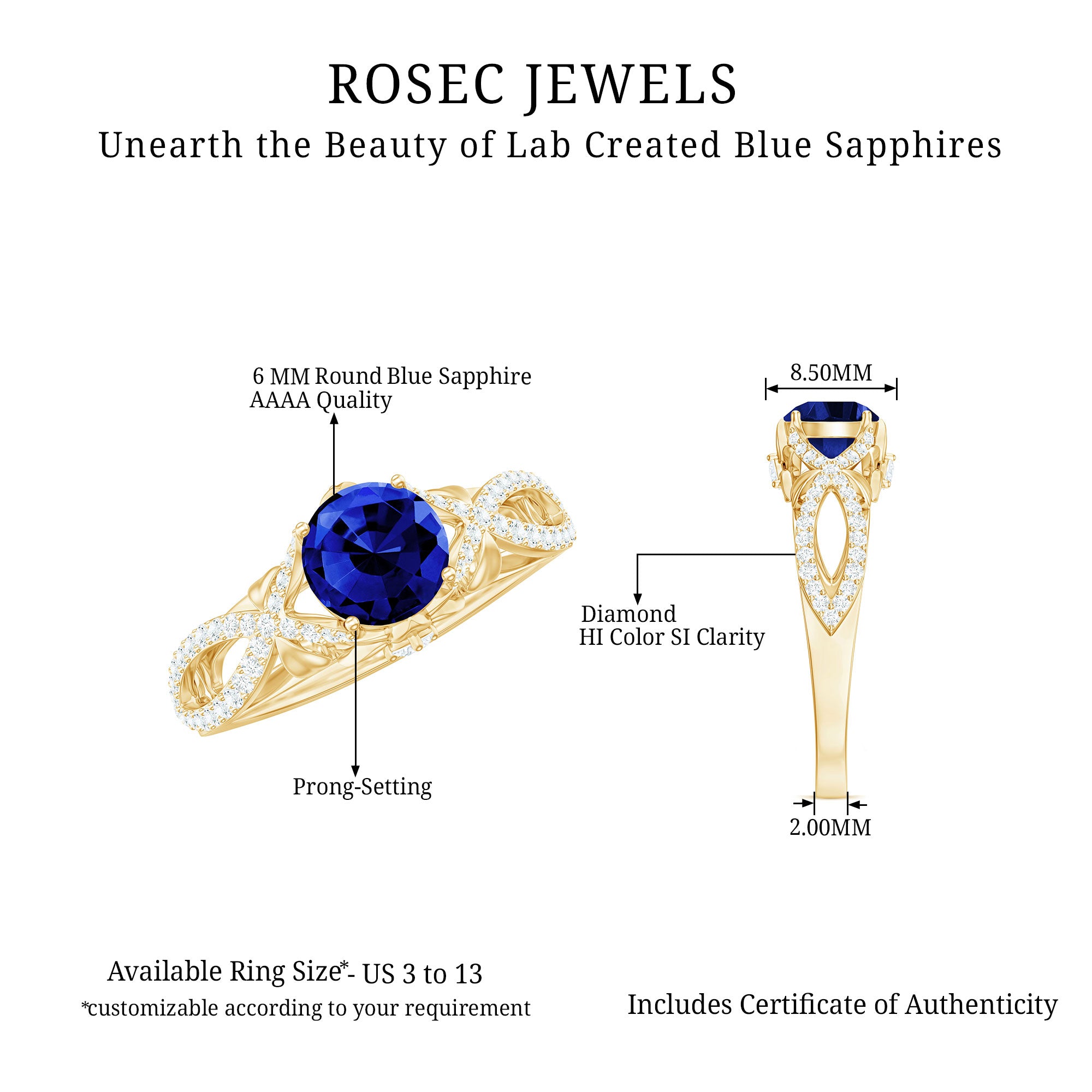 1 Carat Lab Grown Blue Sapphire Engagement Ring with Diamond Crossover Shank AAAA - Rosec Jewels