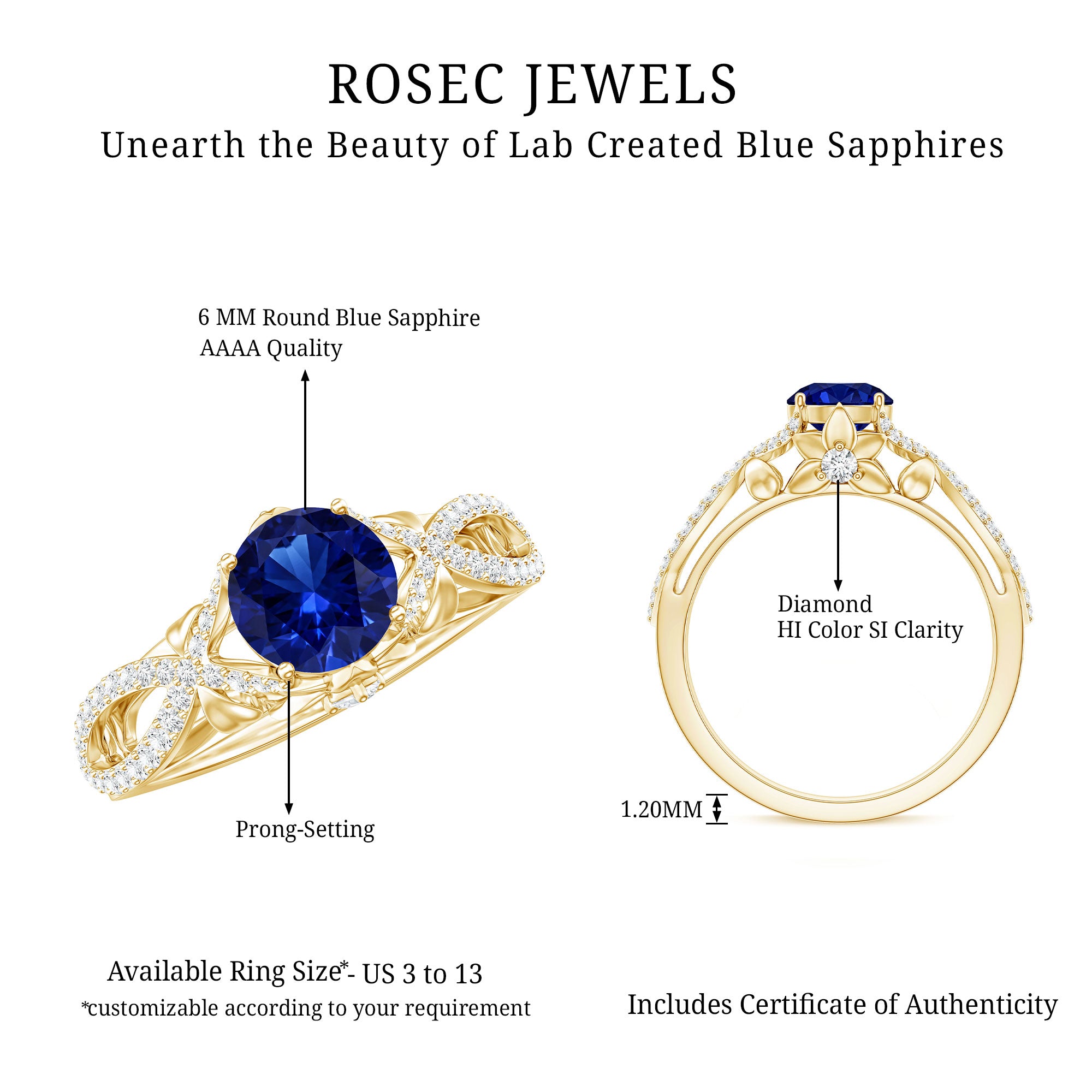 1 Carat Lab Grown Blue Sapphire Engagement Ring with Diamond Crossover Shank AAAA - Rosec Jewels