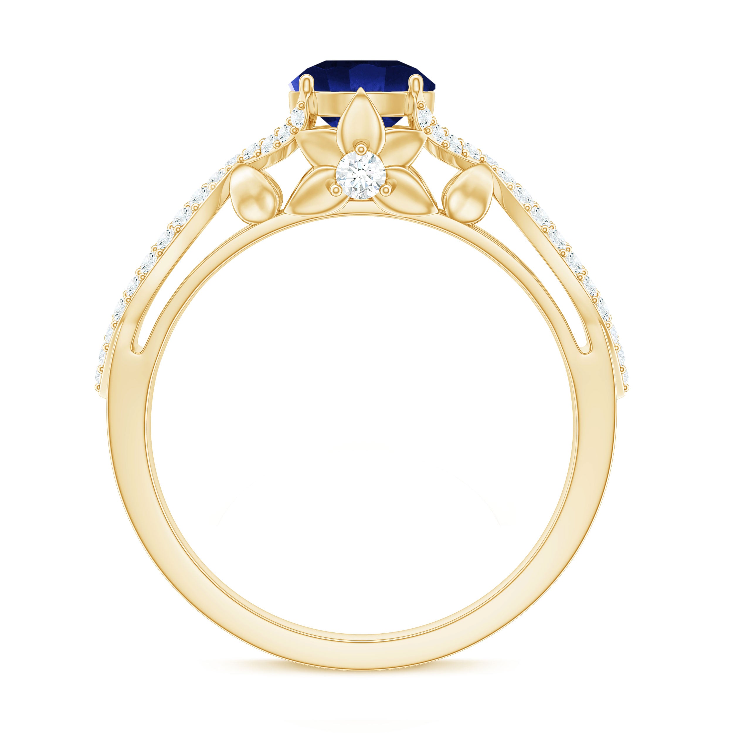 1 Carat Lab Grown Blue Sapphire Engagement Ring with Diamond Crossover Shank AAAA - Rosec Jewels