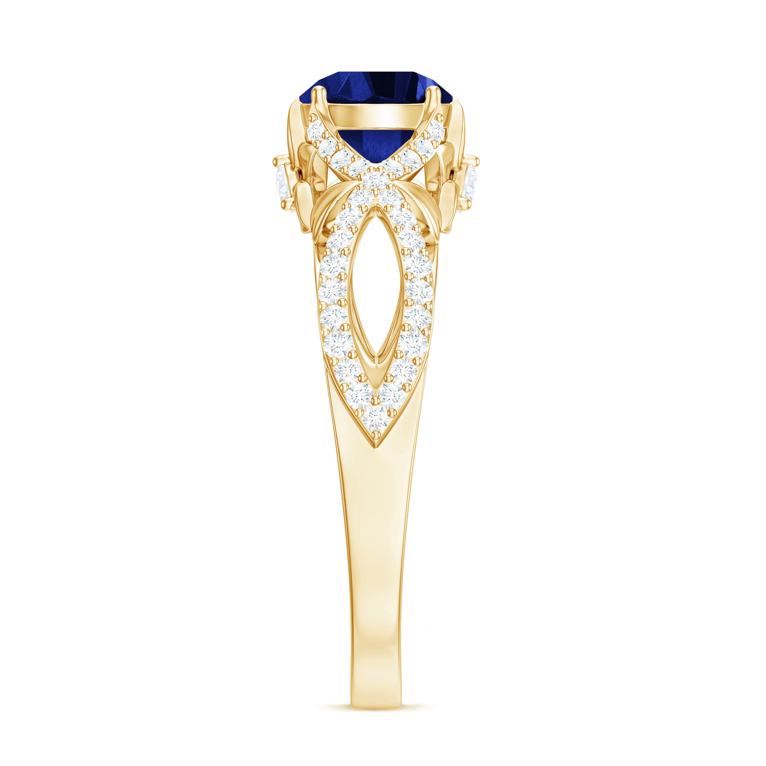 1 Carat Lab Grown Blue Sapphire Engagement Ring with Diamond Crossover Shank AAAA - Rosec Jewels