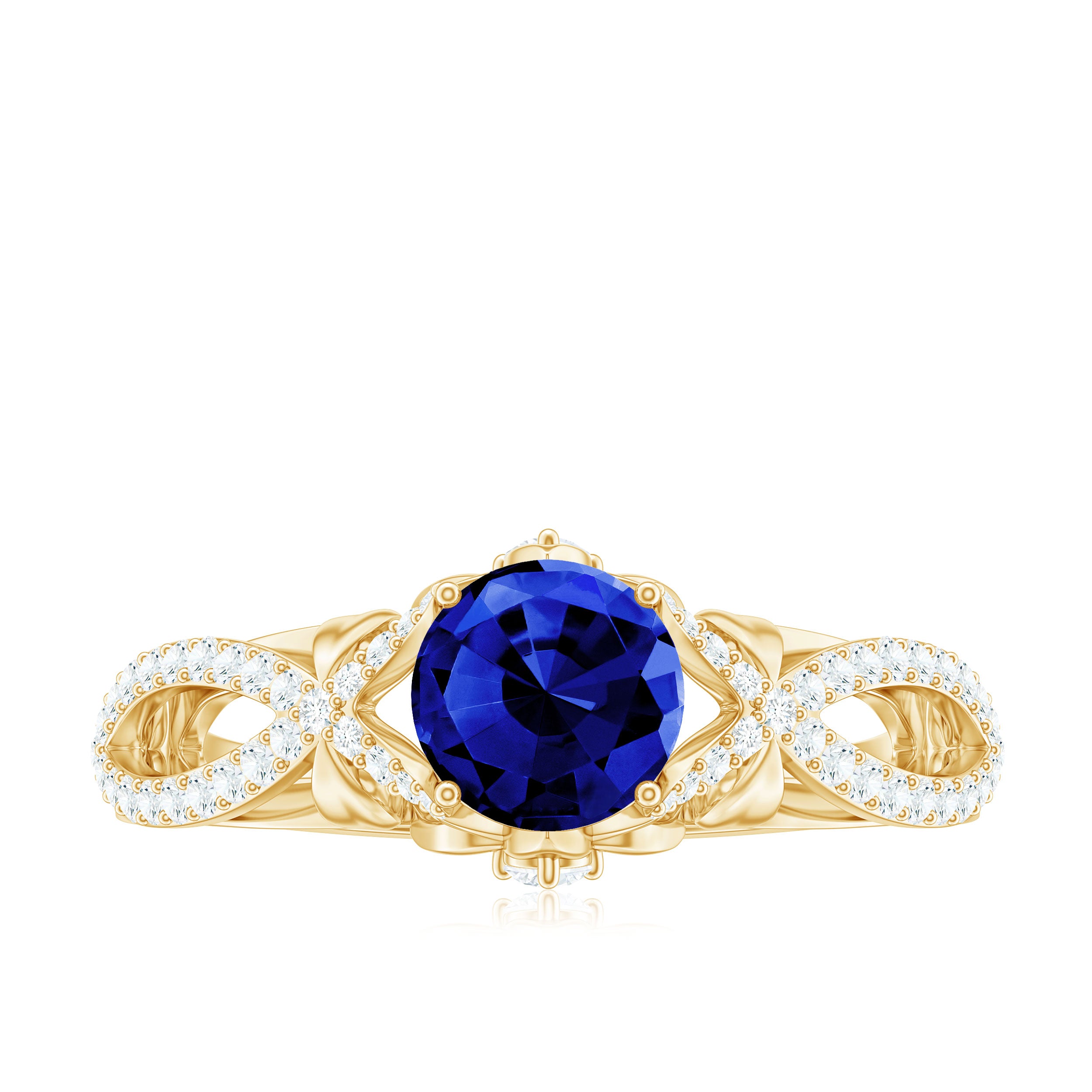 1 Carat Lab Grown Blue Sapphire Engagement Ring with Diamond Crossover Shank AAAA - Rosec Jewels