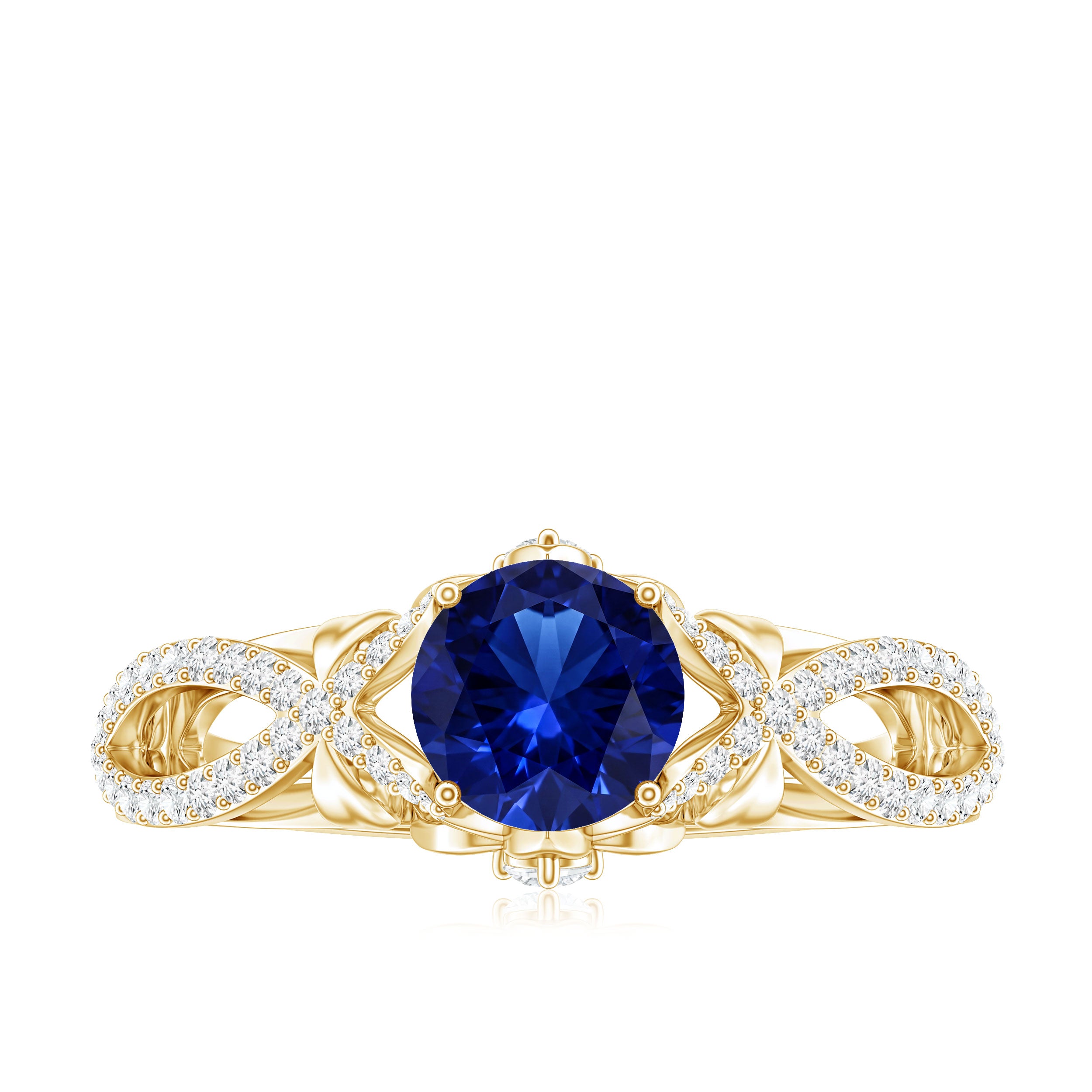 1 Carat Lab Grown Blue Sapphire Engagement Ring with Diamond Crossover Shank AAAA - Rosec Jewels