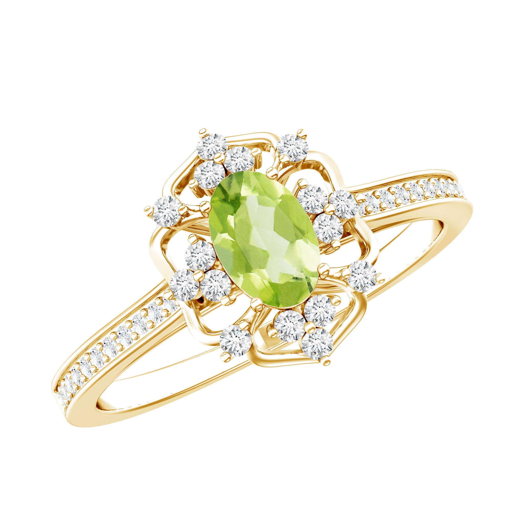 Peridot and Diamond Vintage Looking Engagement Ring AAA 14K Yellow Gold Plated Silver - Rosec Jewels
