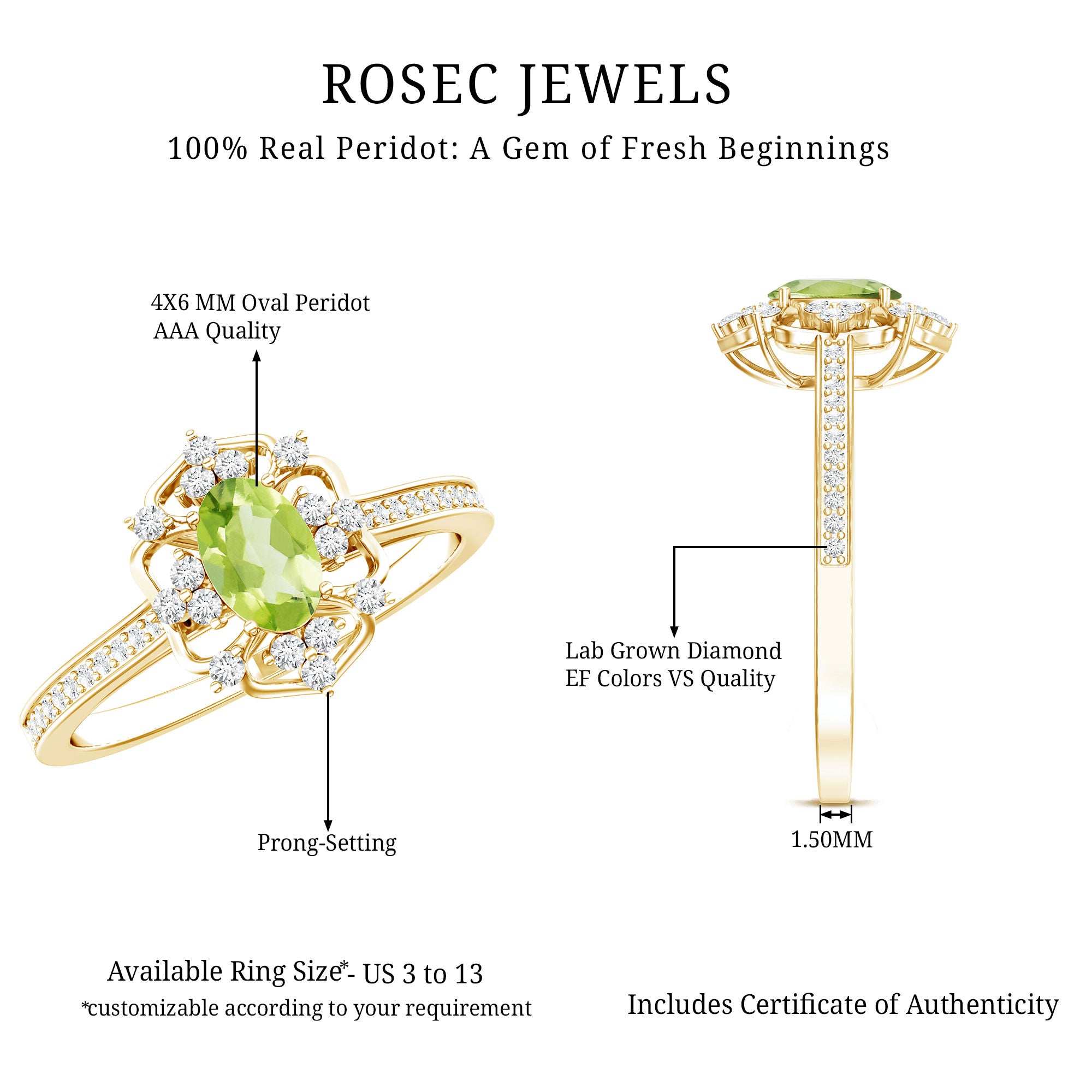 Peridot and Diamond Vintage Looking Engagement Ring AAA 14K Yellow Gold Plated Silver - Rosec Jewels