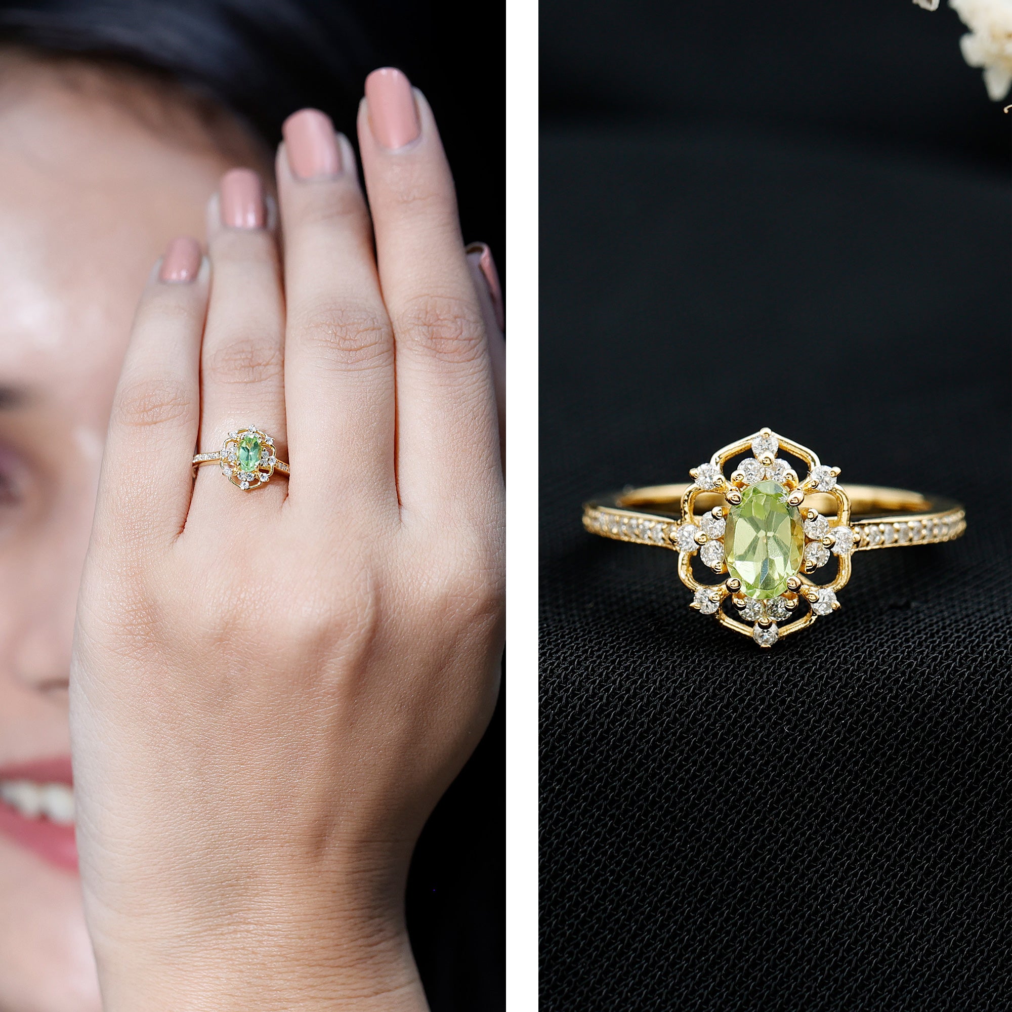 Peridot and Diamond Vintage Looking Engagement Ring AAA 14K Yellow Gold Plated Silver - Rosec Jewels