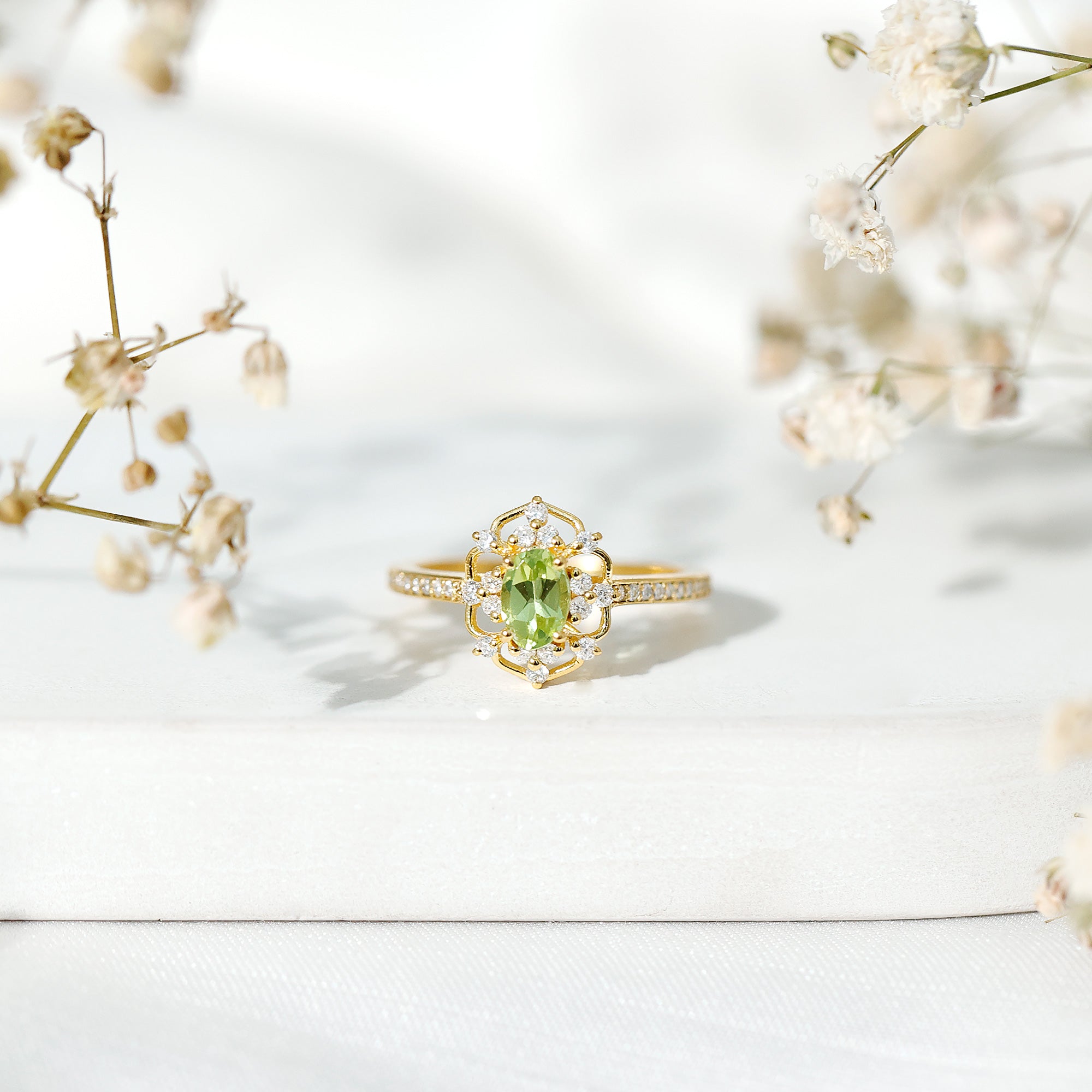 Peridot and Diamond Vintage Looking Engagement Ring AAA 14K Yellow Gold Plated Silver - Rosec Jewels