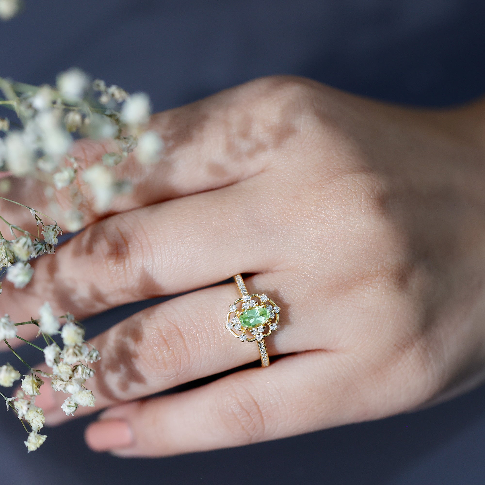 Peridot and Diamond Vintage Looking Engagement Ring AAA 14K Yellow Gold Plated Silver - Rosec Jewels