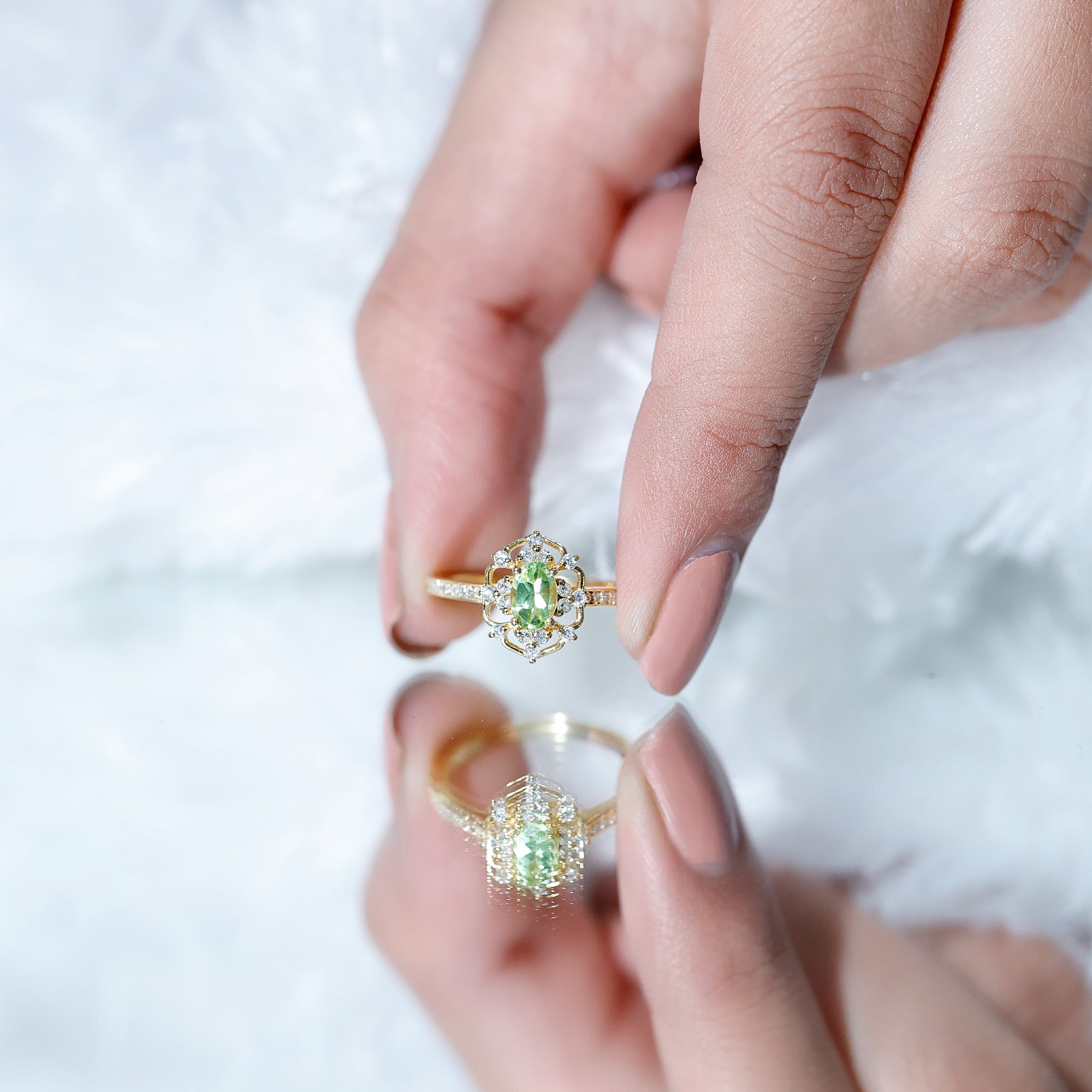 Peridot and Diamond Vintage Looking Engagement Ring AAA 14K Yellow Gold Plated Silver - Rosec Jewels