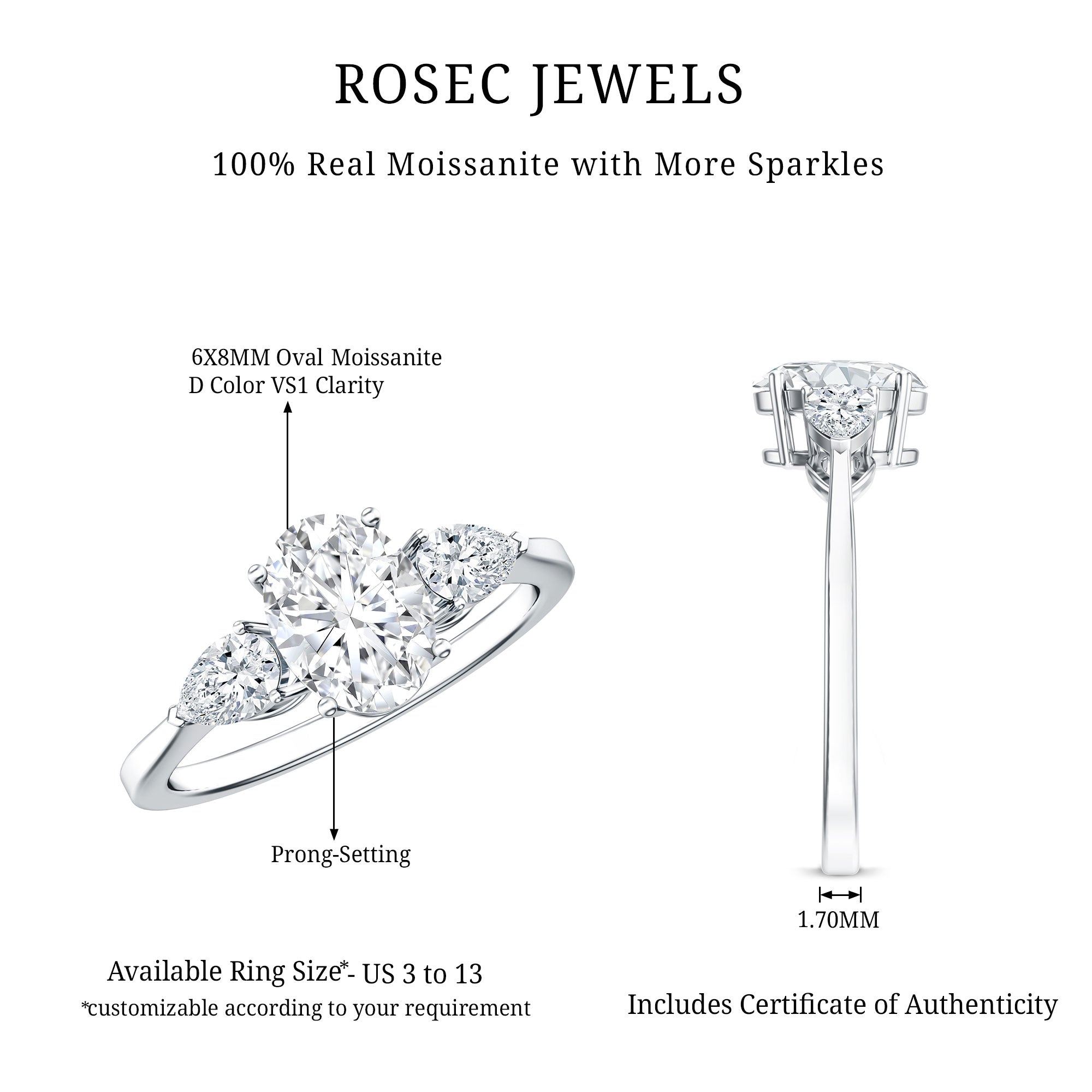 Oval and Pear Cut Moissanite Three Stone Engagement Ring D-VS1 - Rosec Jewels