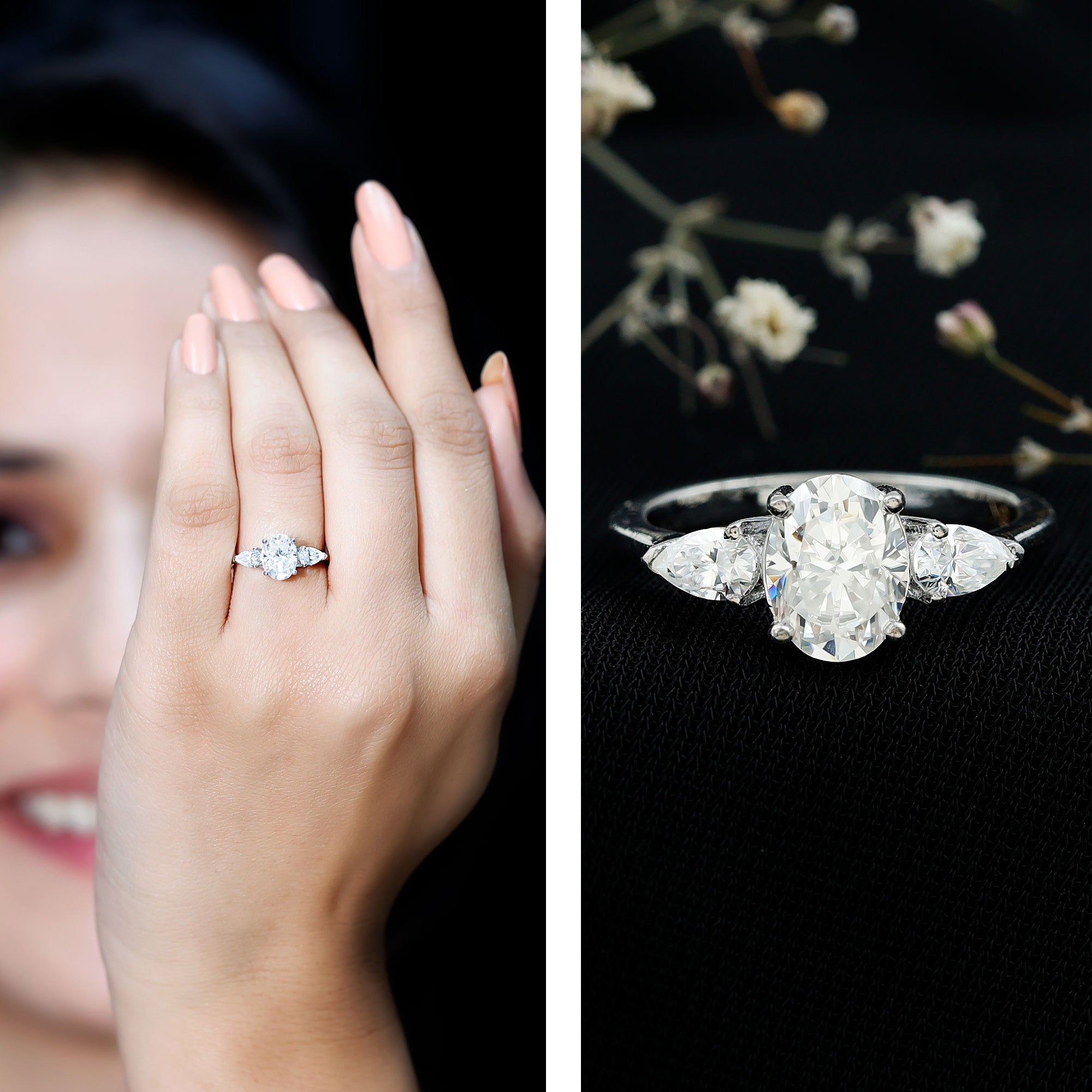 Oval and Pear Cut Moissanite Three Stone Engagement Ring D-VS1 - Rosec Jewels