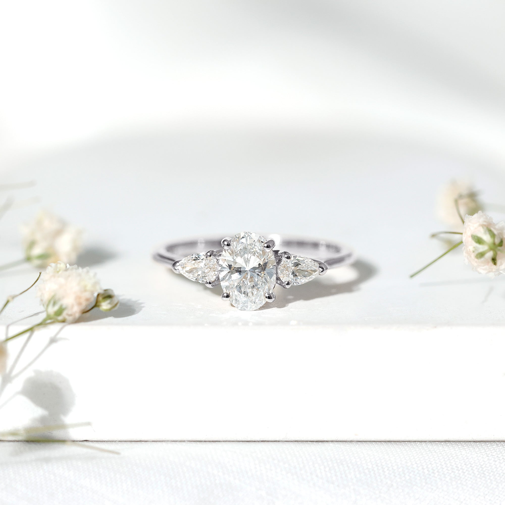 Oval and Pear Cut Moissanite Three Stone Engagement Ring D-VS1 - Rosec Jewels
