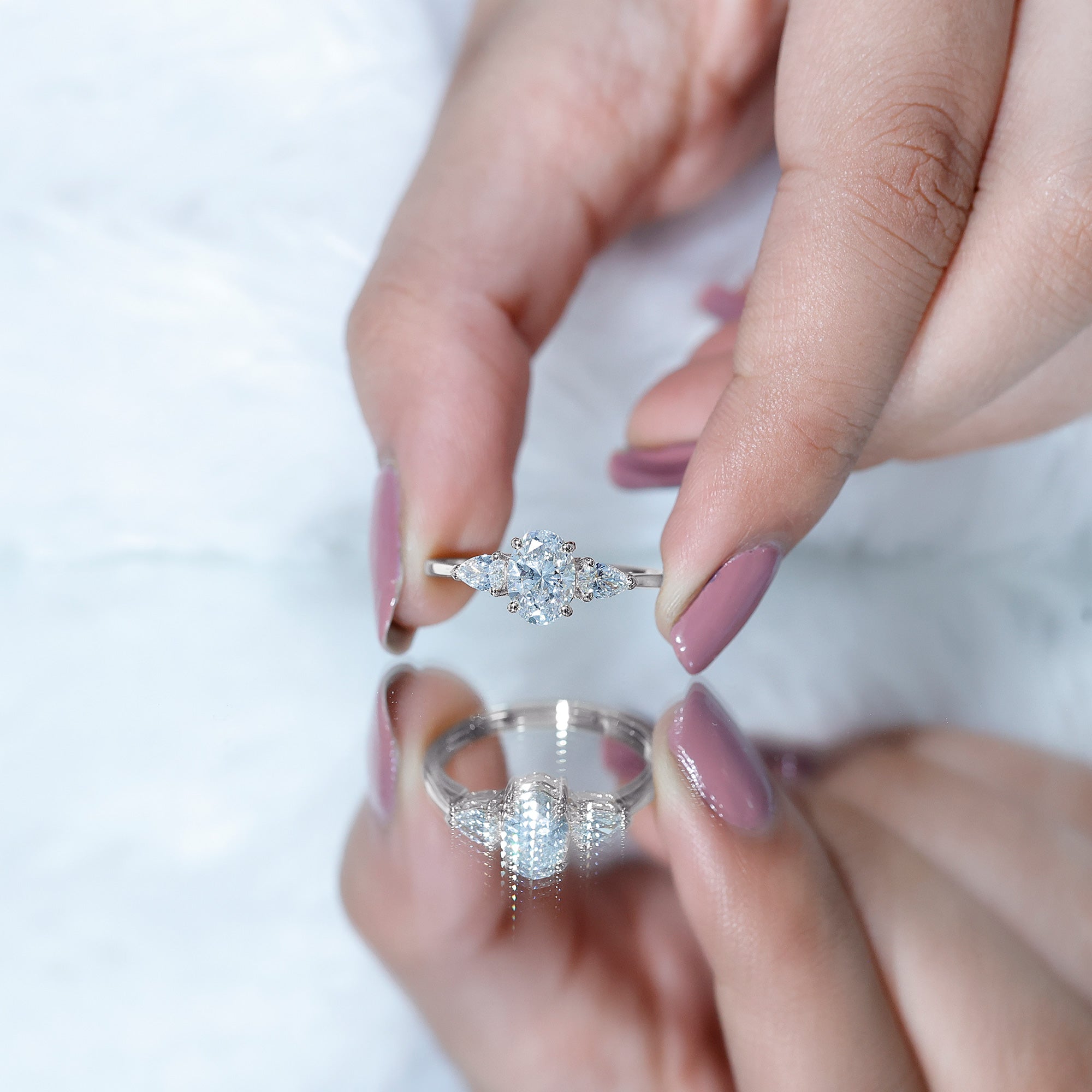 Oval and Pear Cut Moissanite Three Stone Engagement Ring D-VS1 - Rosec Jewels