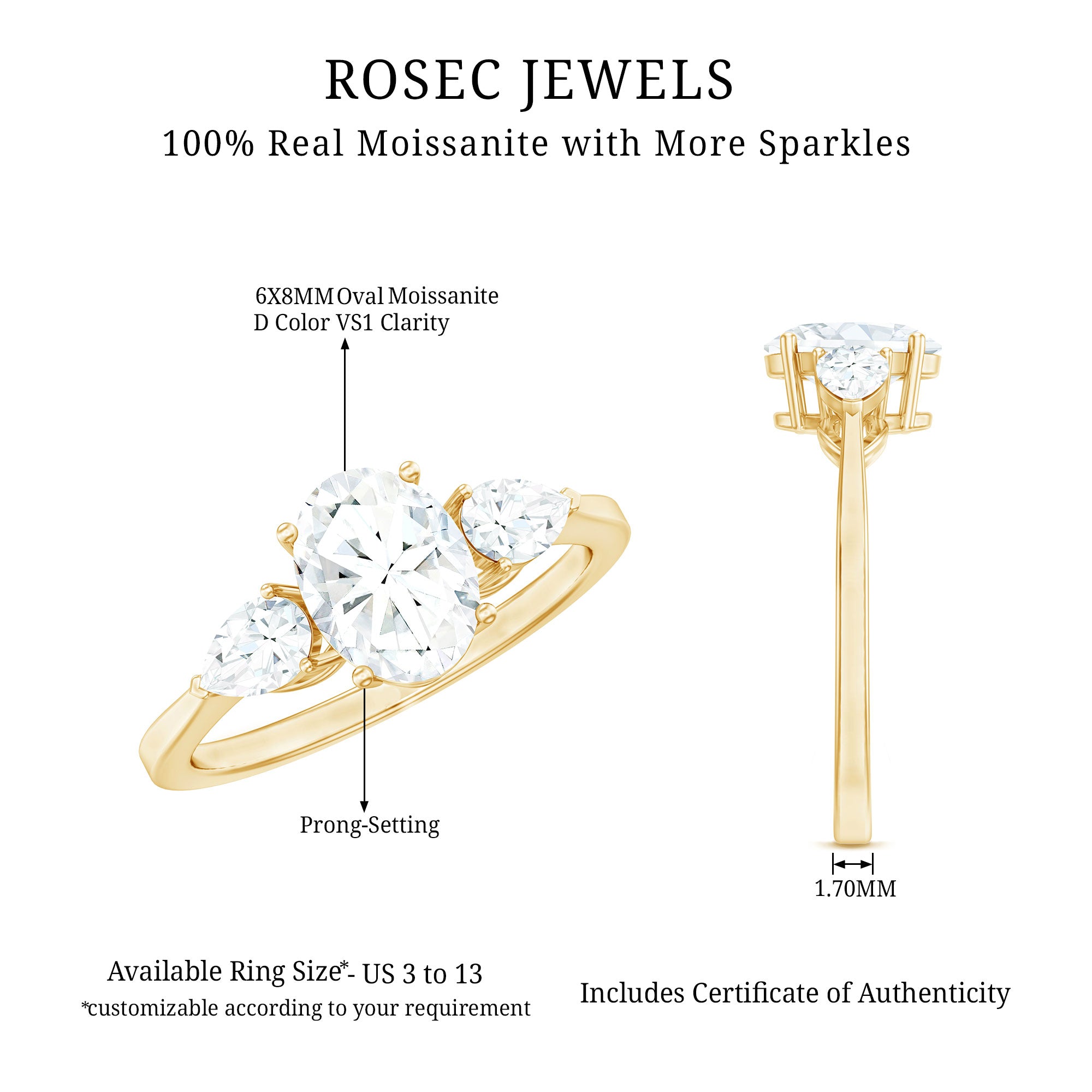 Oval and Pear Cut Moissanite Three Stone Engagement Ring D-VS1 - Rosec Jewels