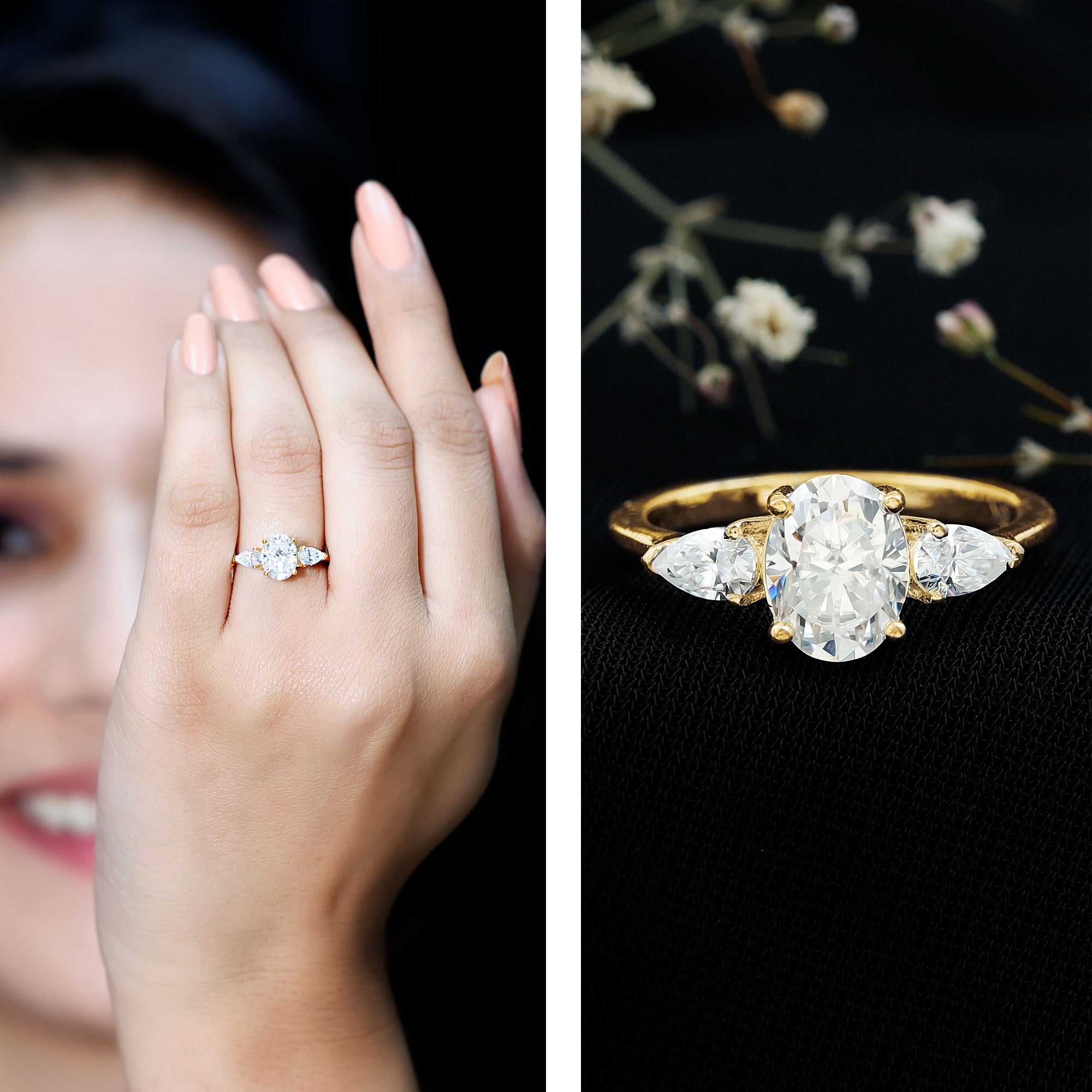 Oval and Pear Cut Moissanite Three Stone Engagement Ring D-VS1 - Rosec Jewels