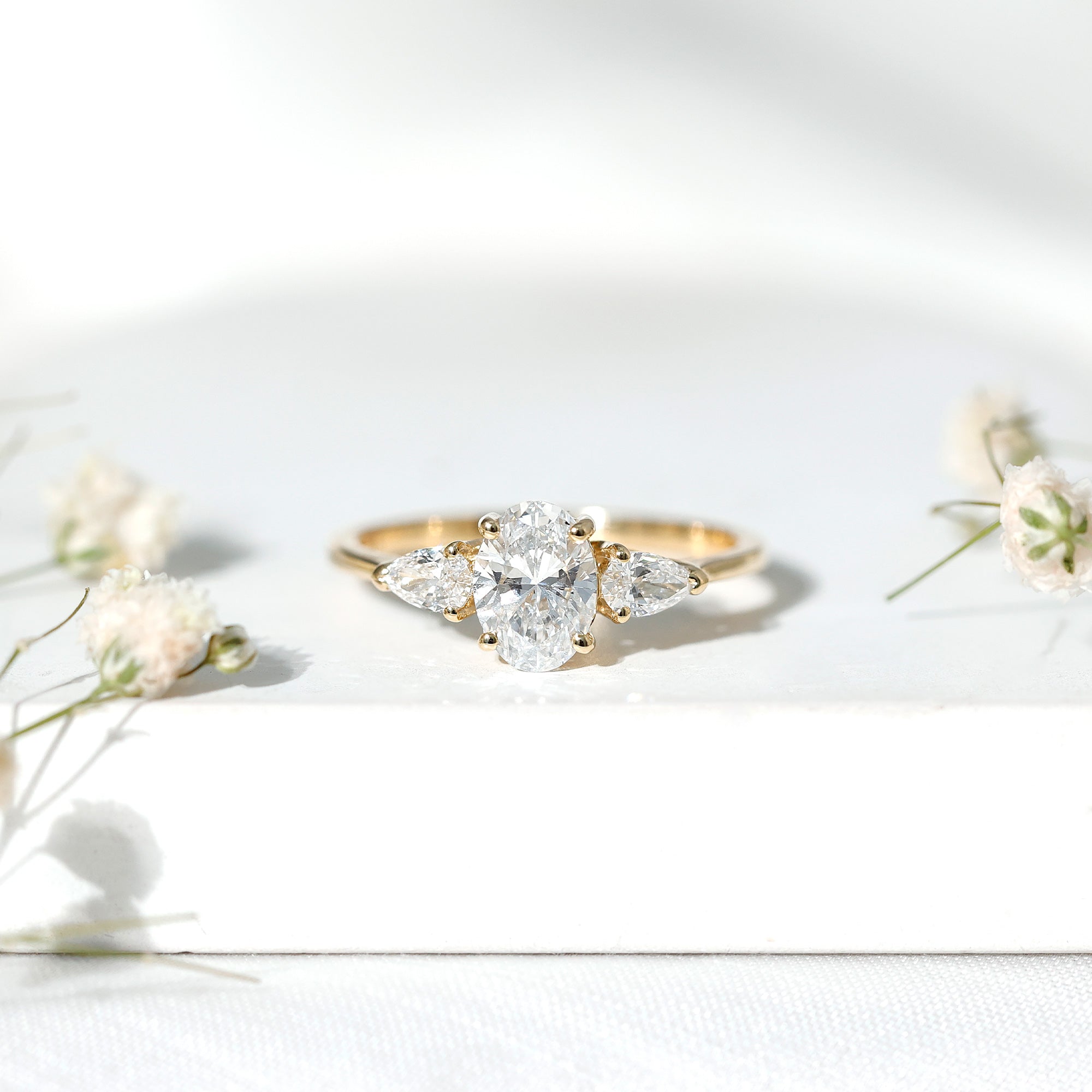Oval and Pear Cut Moissanite Three Stone Engagement Ring D-VS1 - Rosec Jewels