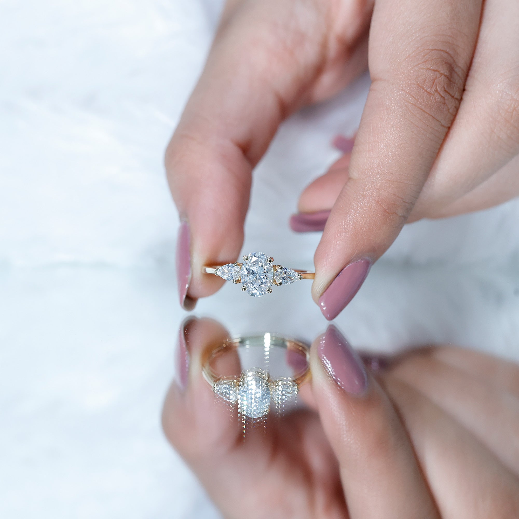 Oval and Pear Cut Moissanite Three Stone Engagement Ring D-VS1 - Rosec Jewels