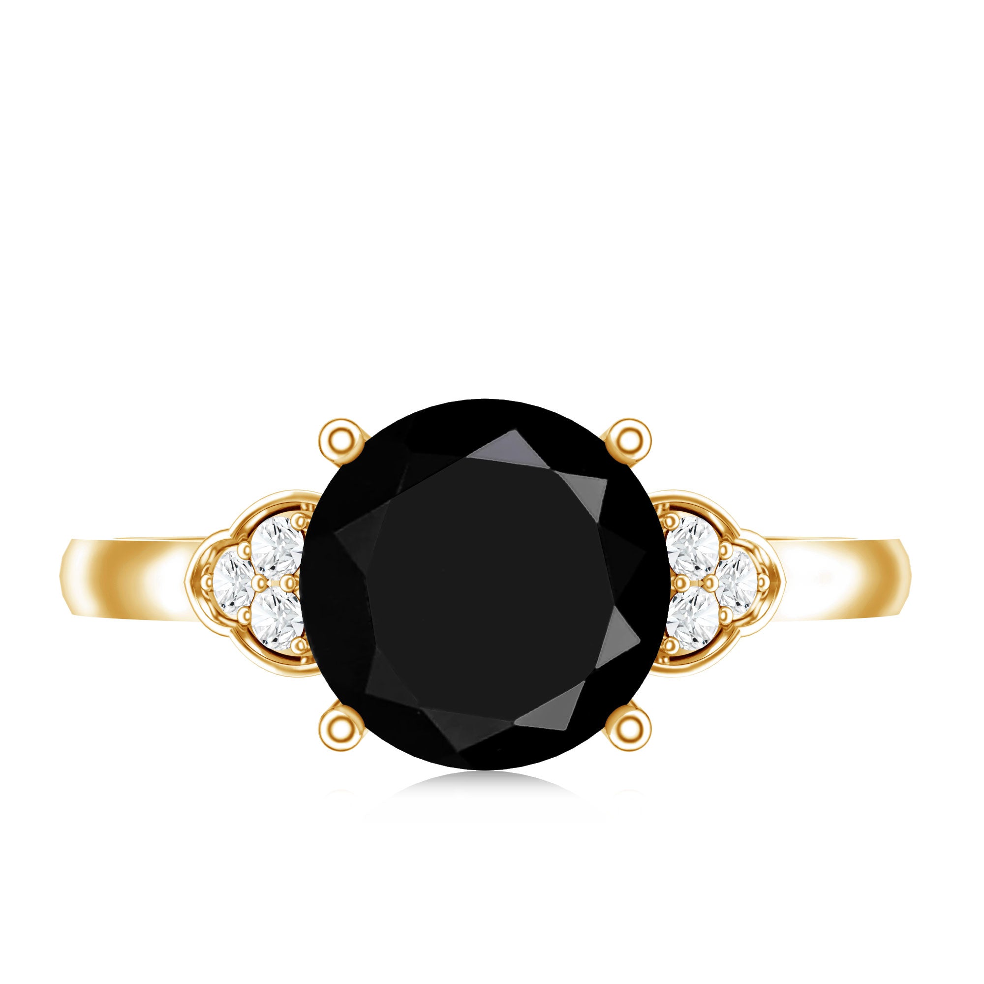 Real Black Onyx Solitaire Engagement Ring with Diamond Trio AAA - Rosec Jewels