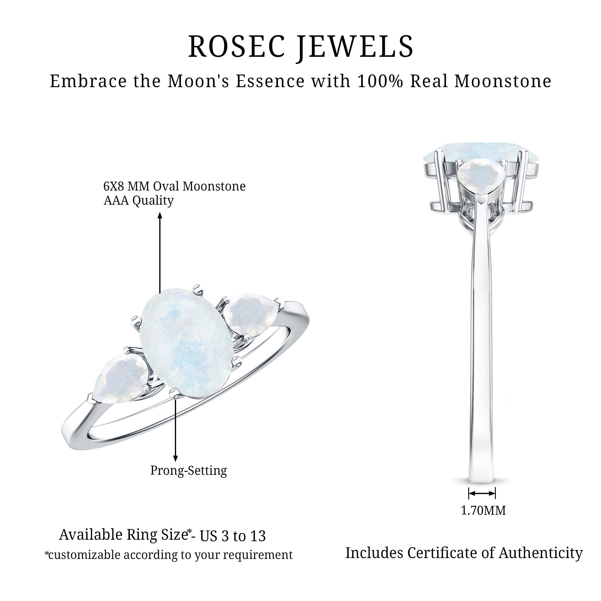 Natural Moonstone Three Stone Engagement Ring AAA - Rosec Jewels
