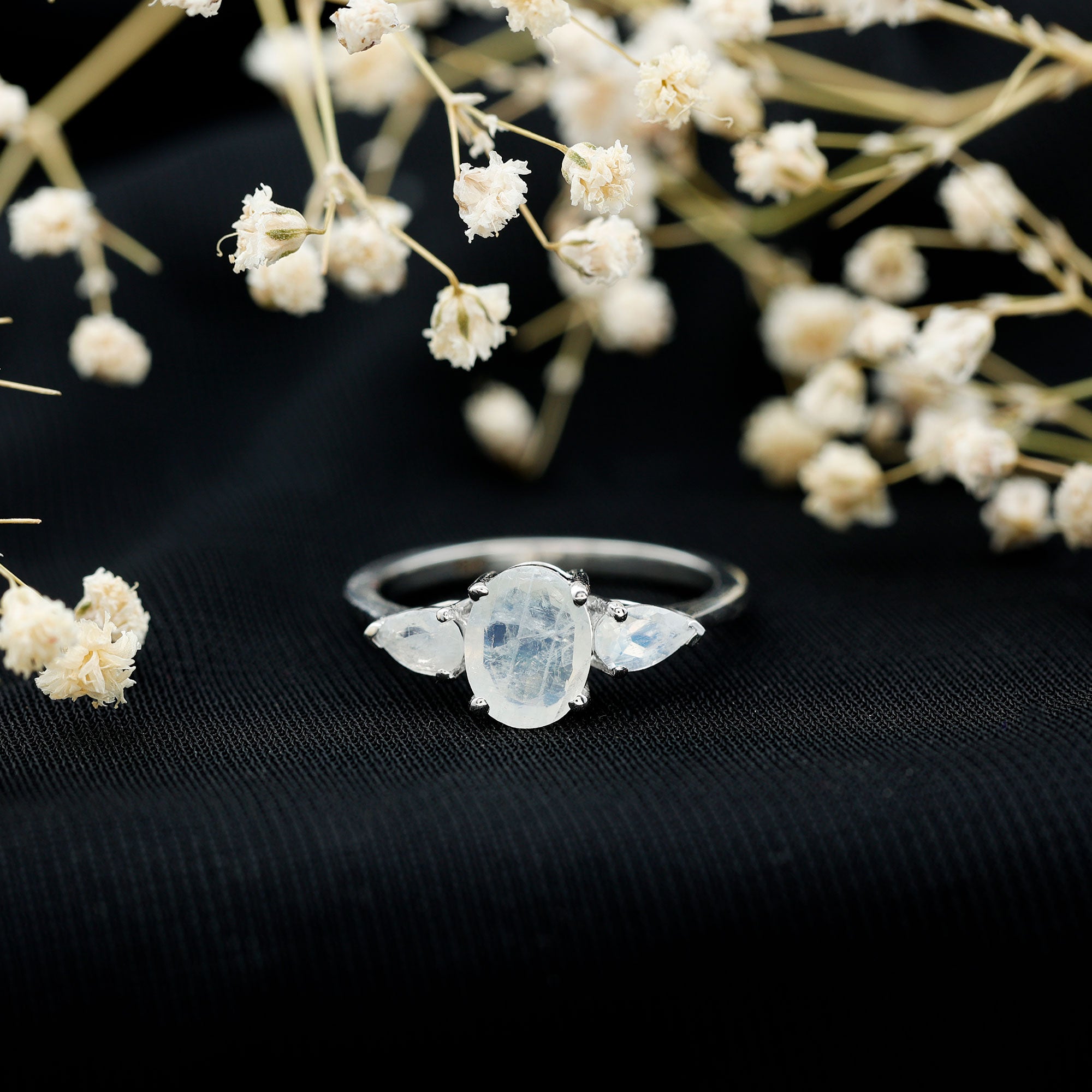 Natural Moonstone Three Stone Engagement Ring AAA - Rosec Jewels